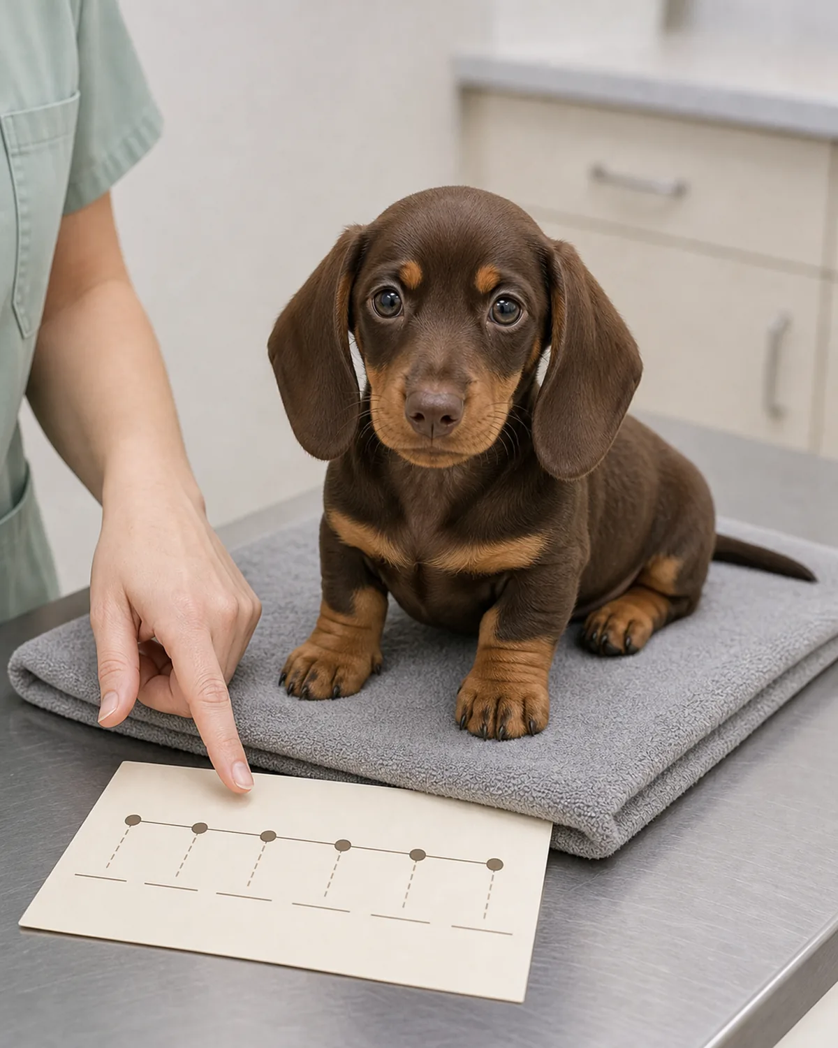 A tiny lively warm fawn Chihuahua-shape puppy at about 10 weeks with uniform warm fawn short smooth coat, large erect ears proportionate to puppy size, an apple-dome head, a tiny rounded frame, and oversized paws sitting calmly on a plain rolled towel on a plain wood side table in a vet exam room next to a plain unbranded paper vaccine schedule card showing a generic horizontal four-milestone timeline silhouette, with a vet finger gently touching the puppy's shoulder