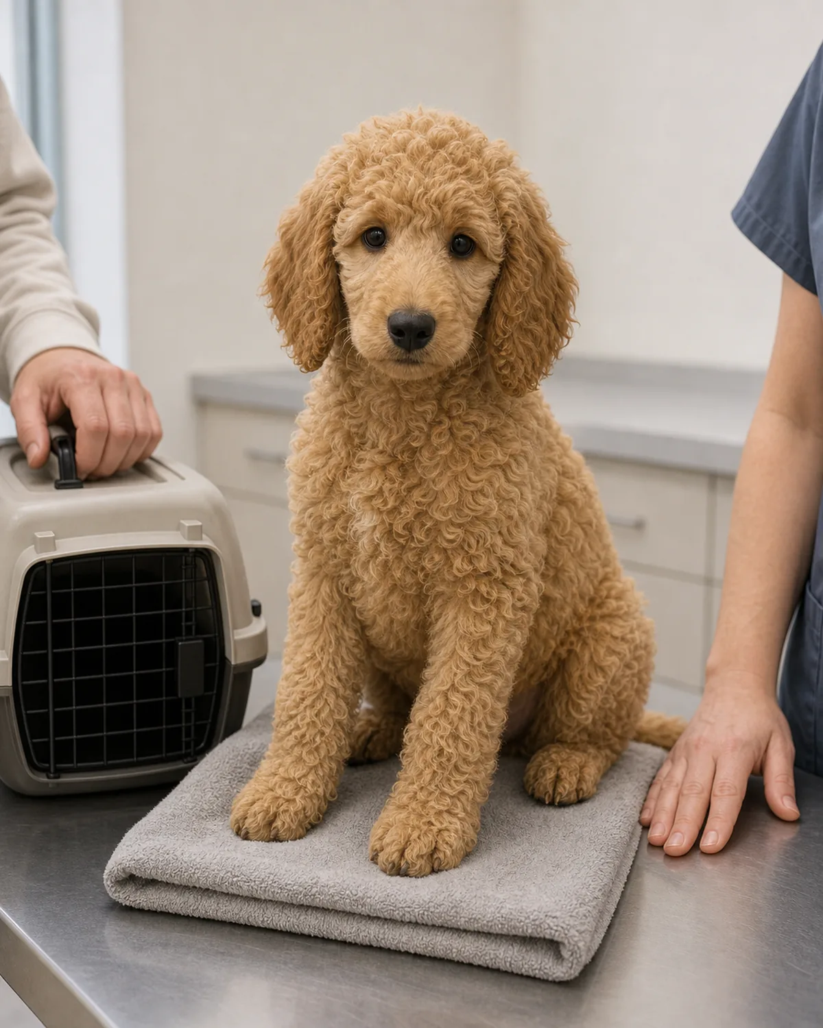 A medium athletic black-and-rust Doberman-shape puppy at about 13 weeks with uniform deep black-and-rust short smooth coat, natural uncropped floppy ears, a lean athletic frame, and a large head with oversized paws standing calmly on a plain wood exam-room floor while a vet tech in plain casual scrubs kneels low with one hand extended holding a few generic soft treats at the puppy's nose level, with a plain neutral cabinet edge softly focused in the background