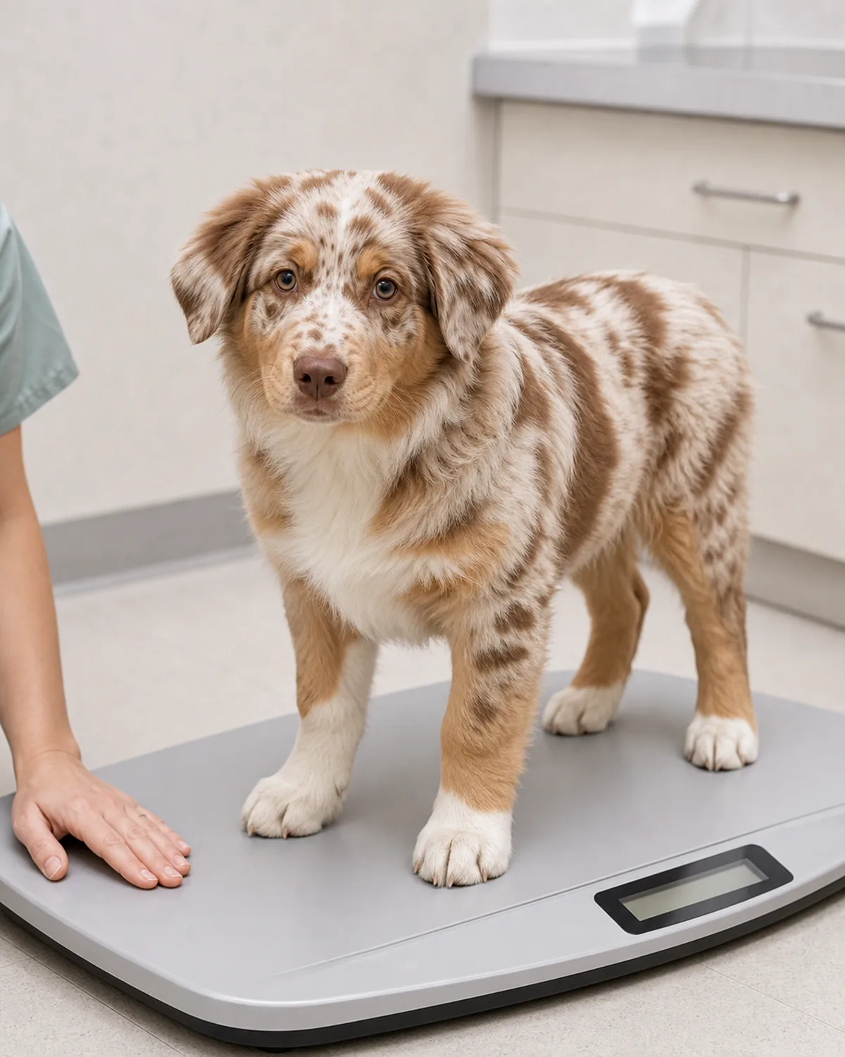 A medium silky steel-blue Cocker-shape puppy at about 12 weeks with steel-blue medium silky wavy coat, feathered legs and ears, long pendant ears with feathering, a kind soulful expression, and a large head with oversized paws standing calmly on a plain rolled towel on a stainless exam table while a vet in plain casual scrubs gently supports the puppy's chest with one hand and evaluates body condition at the waist with the other, a plain unbranded paper card with a generic simple weight-curve line silhouette visible at the corner of the table