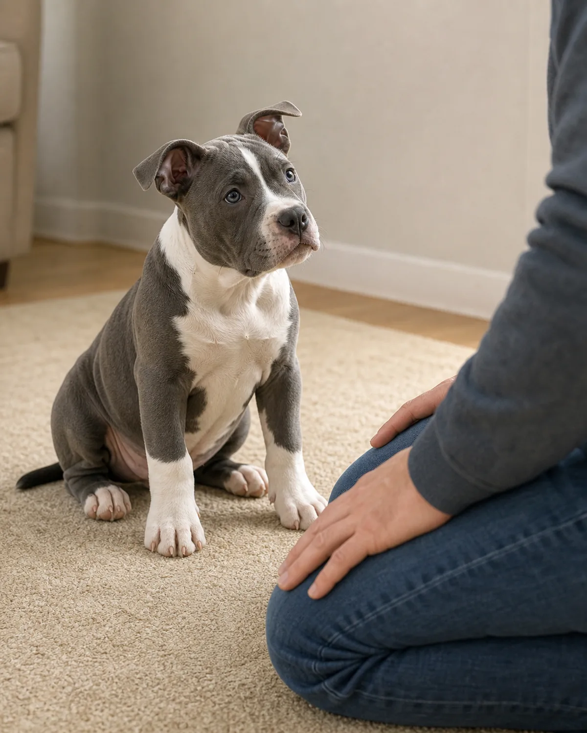 A medium muscular blue-grey-and-white short-smooth-coated semi-erect rose-fold-eared broad-blocky-headed Pit-or-Staffy-shape puppy at about 12 weeks sitting calmly on a plain soft beige rug while one adult woman kneels low beside the puppy with hands resting on her own knees in a non-reaching calm-greeting pose, no other people and no other dogs in the room