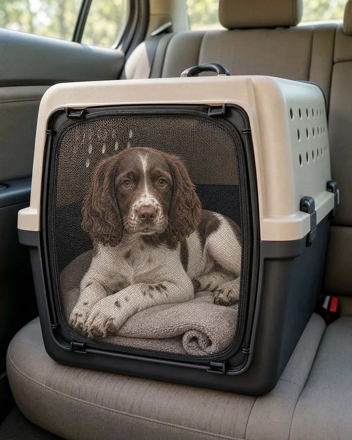 A medium athletic liver-and-white feathered long-feathered-drop-eared Spaniel-shape puppy at about 11 weeks lying calmly on a plain rolled towel inside a plain unbranded carrier with the door visible through the side mesh, the carrier strapped on the back seat of a car with soft-focus upholstery in the background