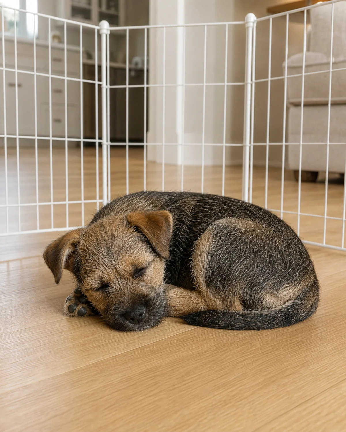 A small wiry rough grizzle-and-tan folded-V-eared otter-like-headed sturdy Scruffy-small-terrier-shape puppy at about 11 weeks lying calmly curled into a small soft ball napping inside a plain matte white wire X-pen on a clean light hardwood floor, soft warm living-room daylight