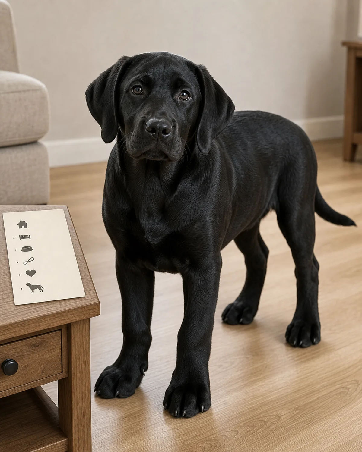 A large athletic solid-black short-coated long-floppy-eared broad-friendly-headed Black-Lab-shape puppy at about 14 weeks standing calmly in a living-room yes-zone with a plain unbranded paper card sitting on a plain neutral wood side table, soft warm living-room daylight