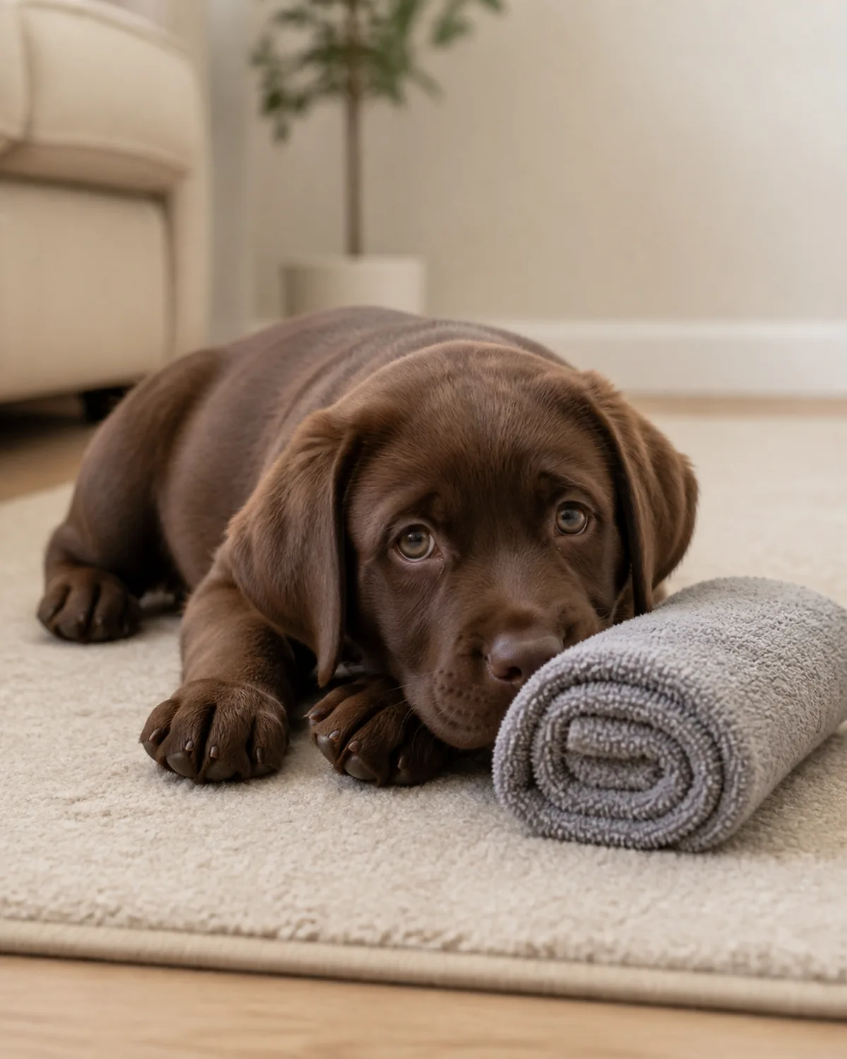 A large athletic uniform deep chocolate-brown short-smooth-coated long-floppy-eared broad-friendly-headed Lab-shape puppy at about 9 weeks lying calmly on a plain soft beige low-pile area rug in a soft warm late-morning living room next to a plain rolled soft neutral towel