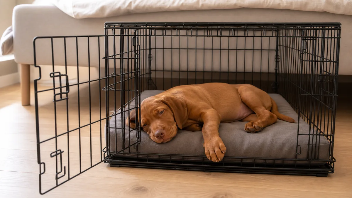 A medium puppy at about 10 weeks old with a sleek athletic puppy build, a uniform rusty-golden cinnamon short smooth coat (uniform clean rusty cinnamon golden-brown, NOT tan, NOT golden-yellow, NOT chocolate, NOT a saddle pattern —