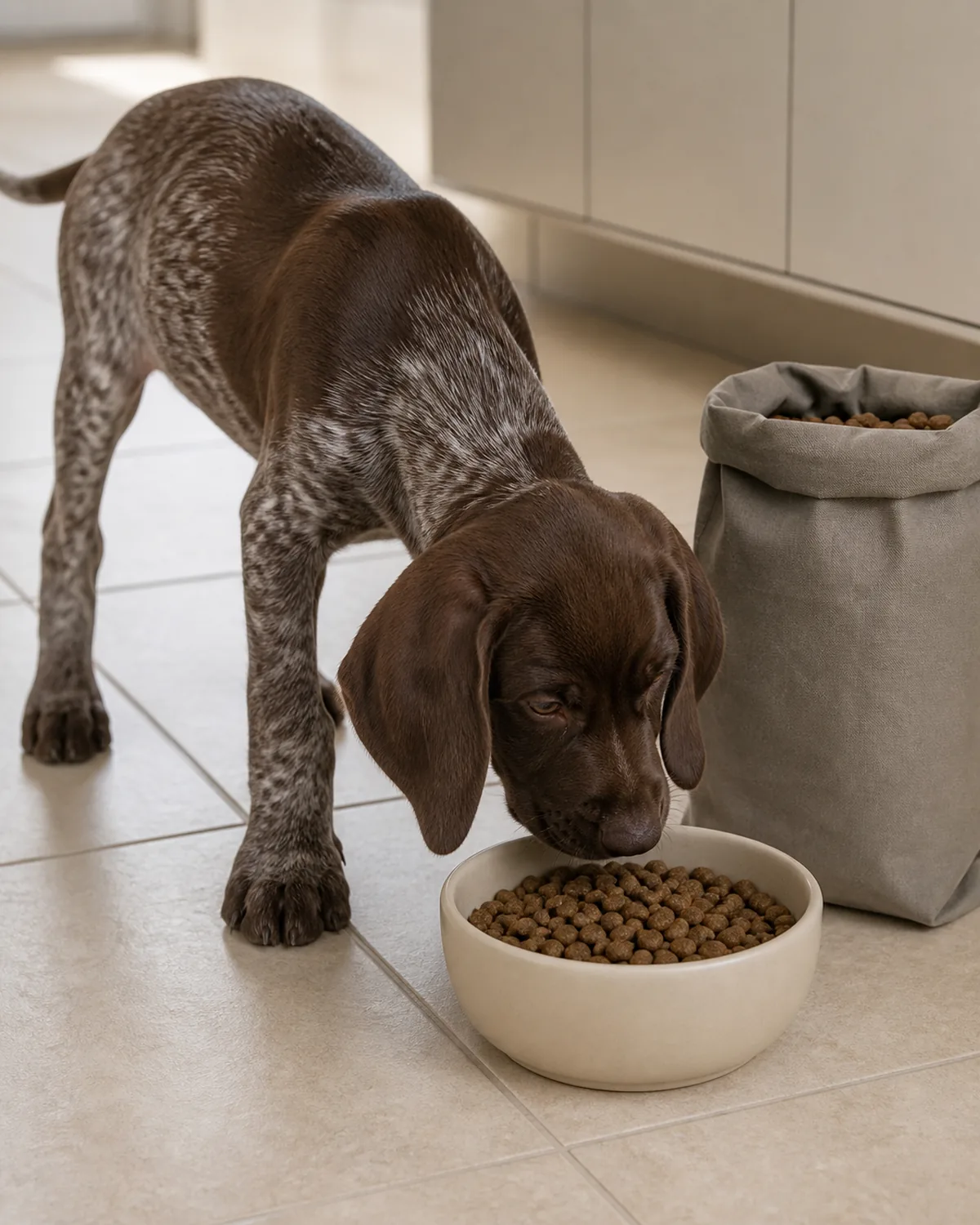 A large lean liver-and-white-ticked floppy-eared athletic GSP-shape puppy at about 12 weeks standing calmly sniffing a plain ceramic food bowl filled with plain uniform unbranded kibble on a clean kitchen floor, with a plain unbranded kibble bag standing beside the bowl, soft warm kitchen daylight