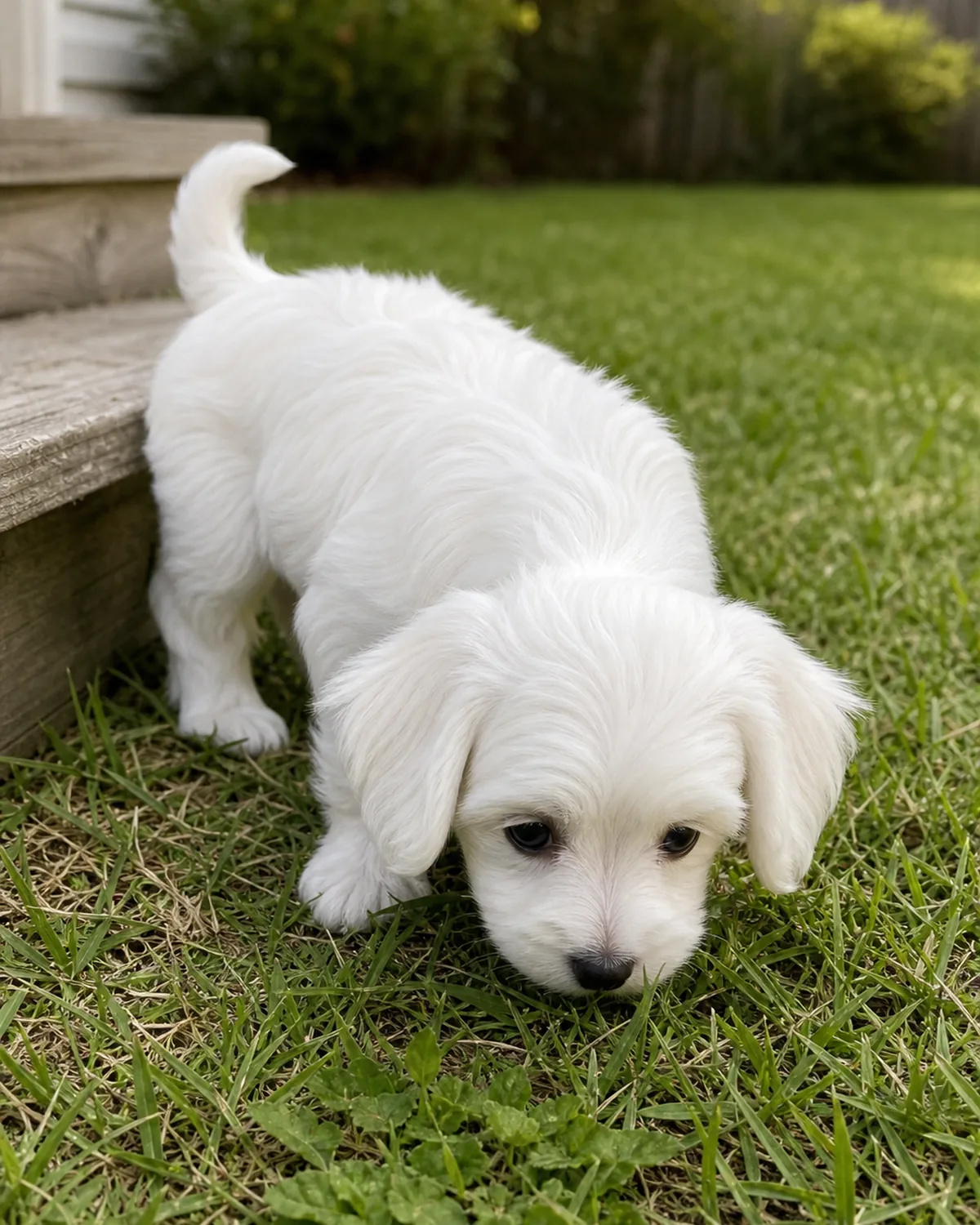 A tiny long silky pure-white floppy-eared dark-round-eyed Maltese-shape puppy at about 10 weeks calmly sniffing a patch of plain green backyard grass near a plain wood porch step, soft warm late-morning daylight