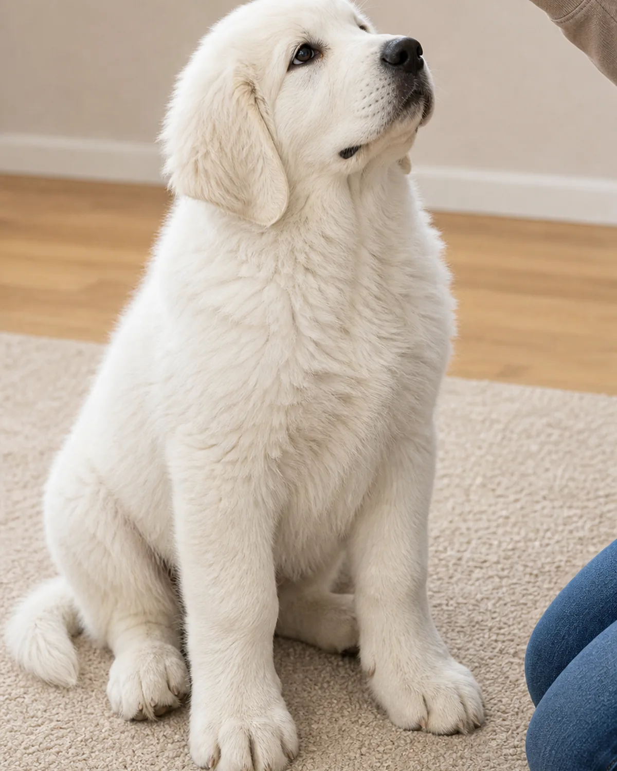 A giant pure-white thick long double-coated mane-collared floppy-eared gentle-giant-faced Great-Pyrenees-shape puppy at about 15 weeks sitting calmly on a plain soft beige rug looking up at the owner's open hand visible in casual sleeve holding a single small treat above the puppy's nose level in a clear sit-lure gesture