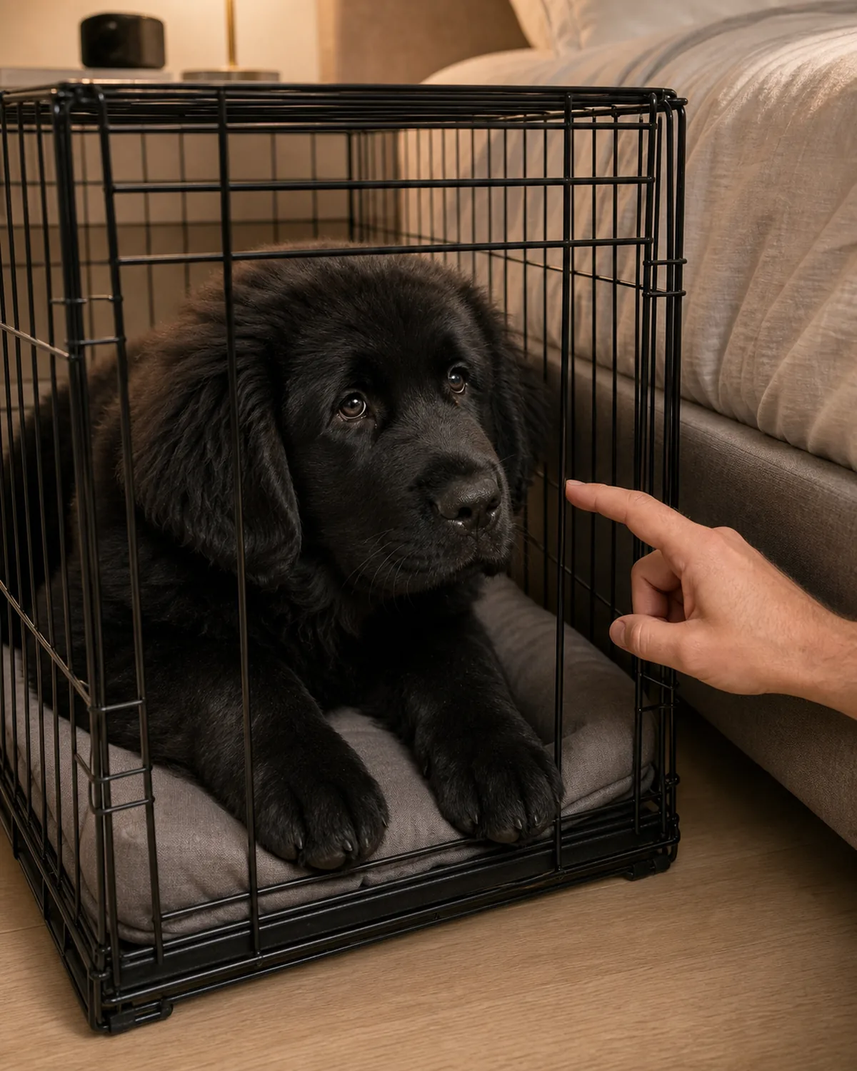 A giant solid-black thick-long-coated heavy-boned gentle-faced floppy-eared Newfoundland-shape puppy at about 14 weeks lying calmly inside a plain wire crate placed beside the edge of a bed in a soft warm bedroom, with the owner's hand visible resting one fingertip on the outside of a crate bar in a silent-presence gesture
