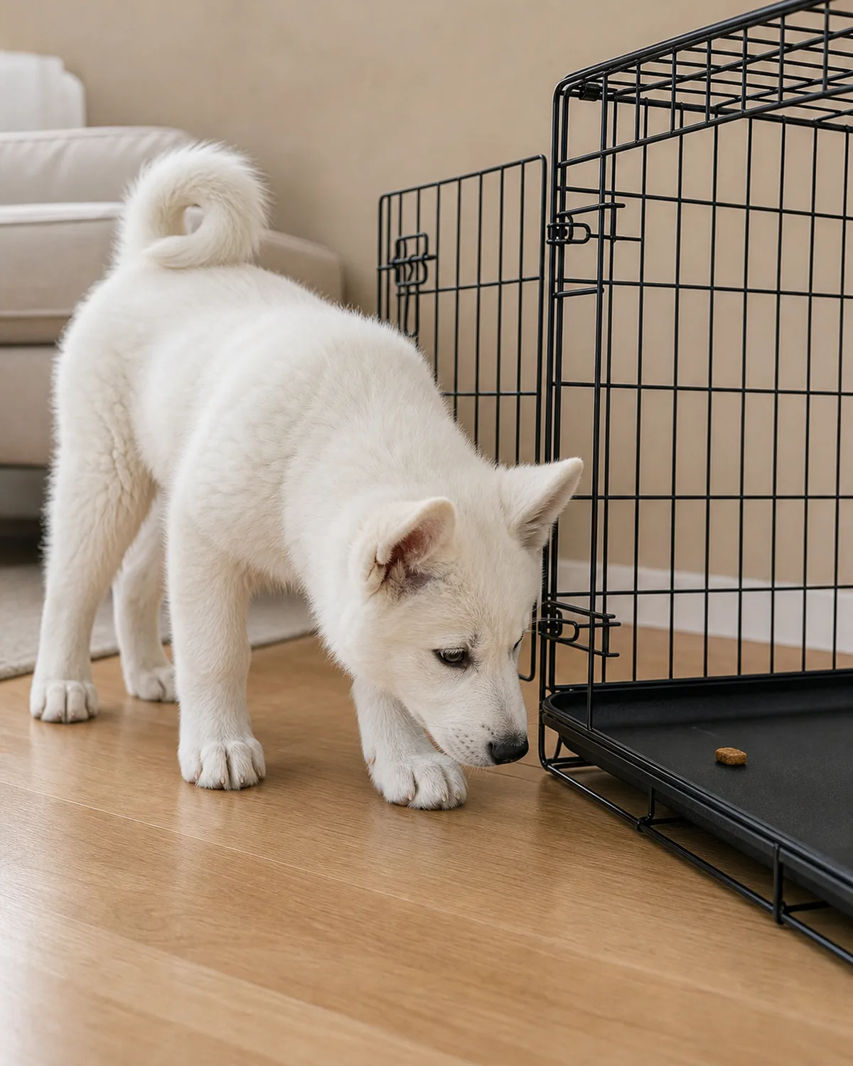 A large pure-white thick stand-off double-coated erect-matched-eared curled-tail smiling-faced Samoyed-shape puppy at about 13 weeks standing calmly at the open door of a plain wire crate sniffing a single small treat placed on the crate floor, no owner in frame, soft warm living-room daylight