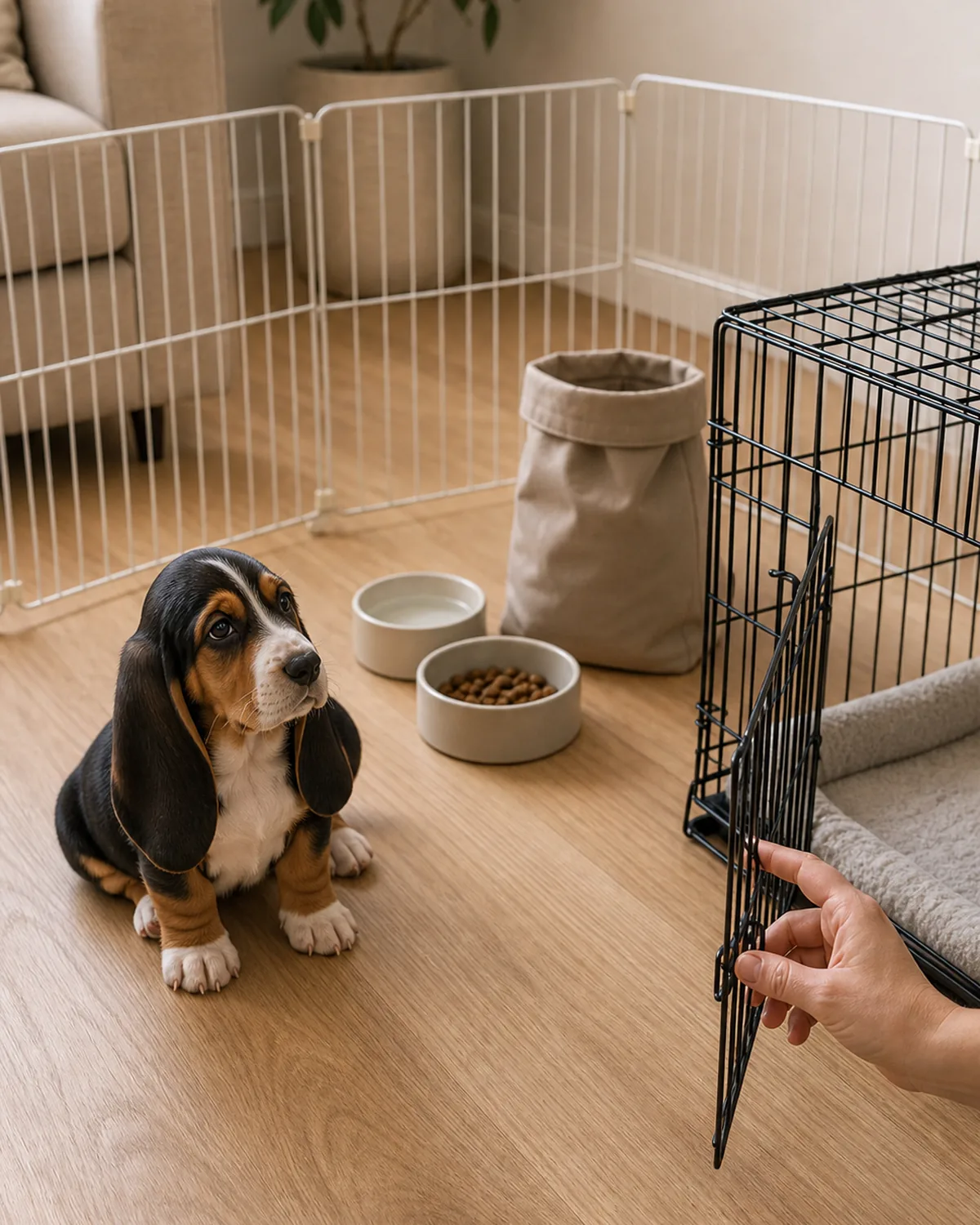 A small sturdy tricolor (black saddle plus tan plus white blaze) very-long-low-set-floppy-eared short-legged Basset-shape puppy at about 10 weeks sitting calmly at the edge of a living-room yes-zone watching the owner's hand adjusting the door of a plain wire crate, with a plain matte white X-pen, a plain ceramic food bowl, a plain water bowl, and a plain unbranded kibble bag arranged nearby