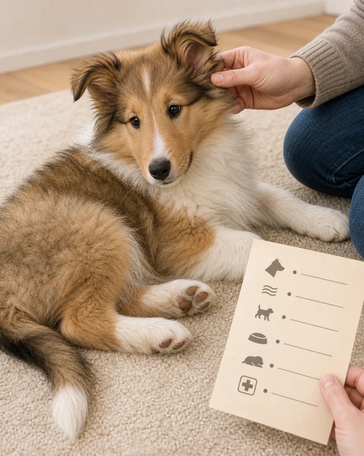 A small abundant sable-and-white long-coated semi-erect-eared fine-muzzled Sheltie-shape puppy at about 12 weeks lying calmly on her side on a plain soft beige rug while the owner's hand in a casual sleeve gently checks behind one ear in a soft inspection gesture, soft warm living-room daylight