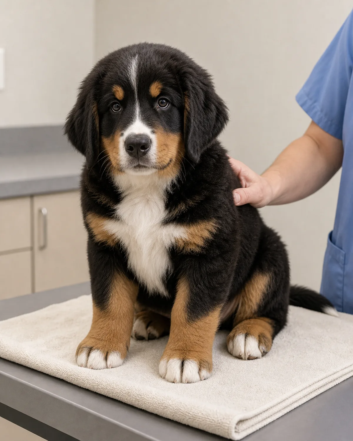 A large sturdy black-rust-and-white tricolor thick-long-coated floppy-eared Bernese-shape puppy at about 13 weeks sitting calmly on a vet examination table with a plain folded neutral towel under her paws, the vet's hand visible in casual scrubs gently checking the puppy's shoulder, with a plain neutral cabinet edge in the soft-focus background