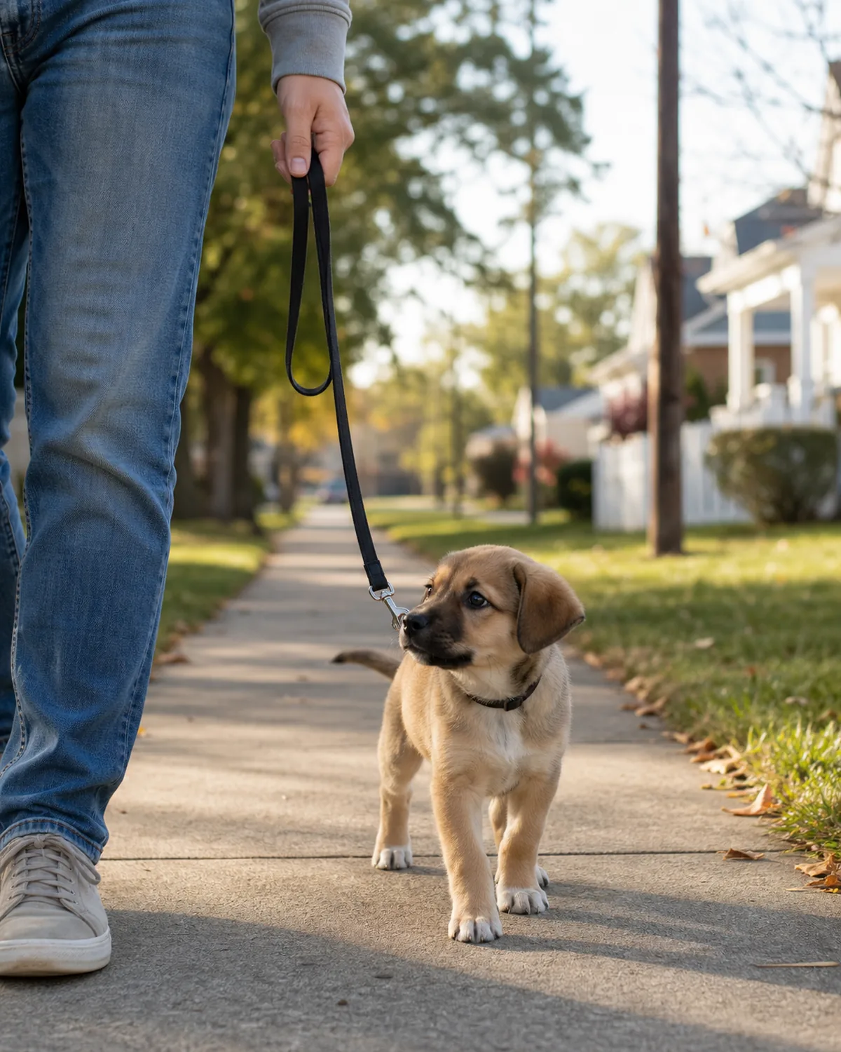 A small puppy on a short loose leash walking calmly beside an owner's leg on a quiet residential sidewalk, soft morning daylight, an easy gentle pace, the puppy slightly sniffing the air โ a short after-meal walk to help timing