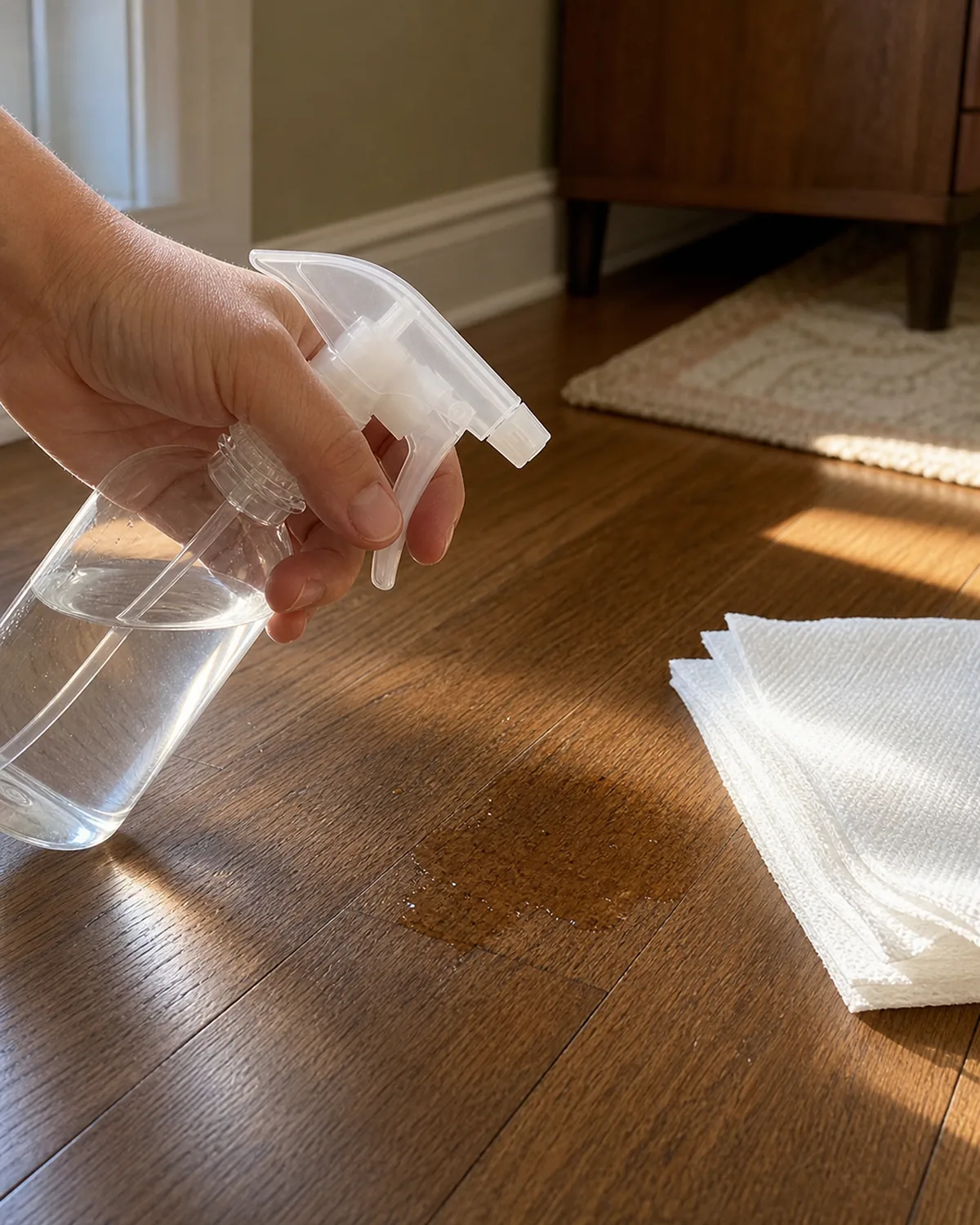 Close on a hand holding a plain unlabeled clear spray bottle aimed at a small marked spot on a hardwood floor, white paper towels nearby on the floor, soft daylight, instructional clean-up moment, no puppy in frame