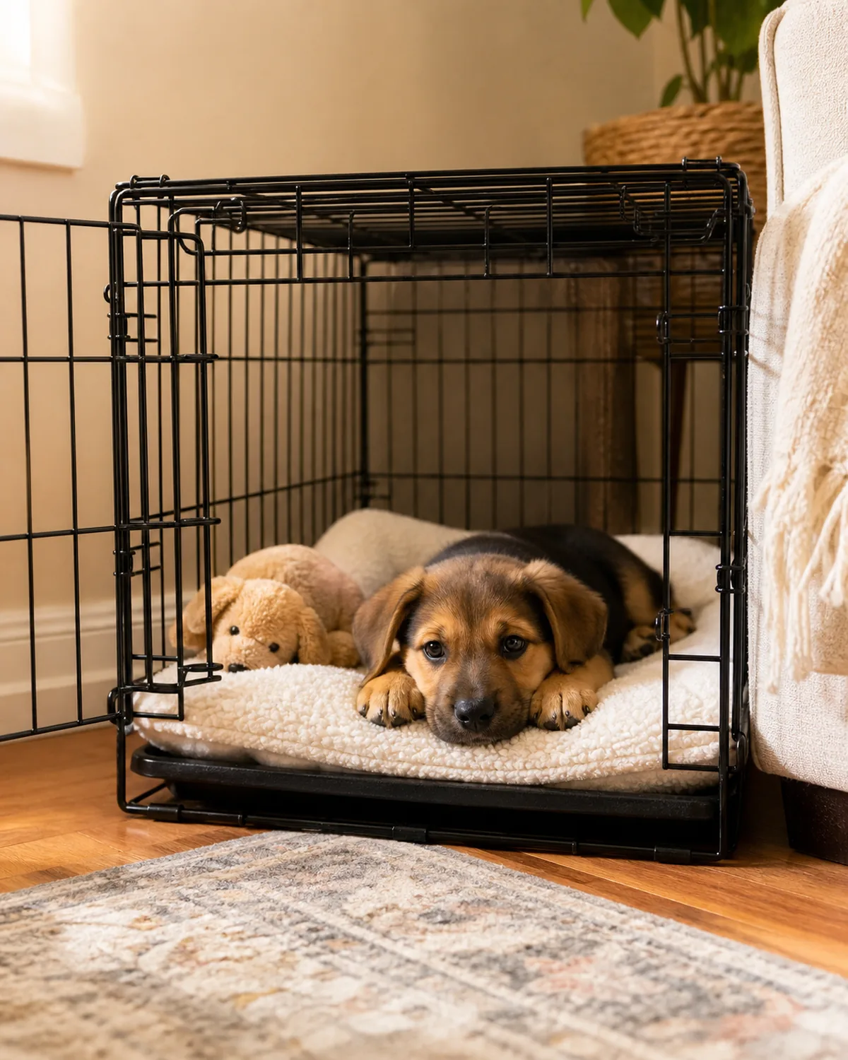 A small puppy resting calmly inside a correctly-sized plain crate with a soft blanket inside in a quiet warm corner of a living room, the crate door open, the puppy lying down with chin on paws, a soft toy in the crate, soft afternoon light