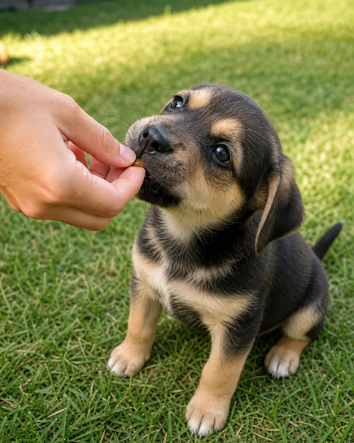 Close on an owner's hand offering a small plain treat to a small puppy on grass, the puppy looking up and gently taking the treat, calm content expression, soft daylight, the moment right after a successful potty