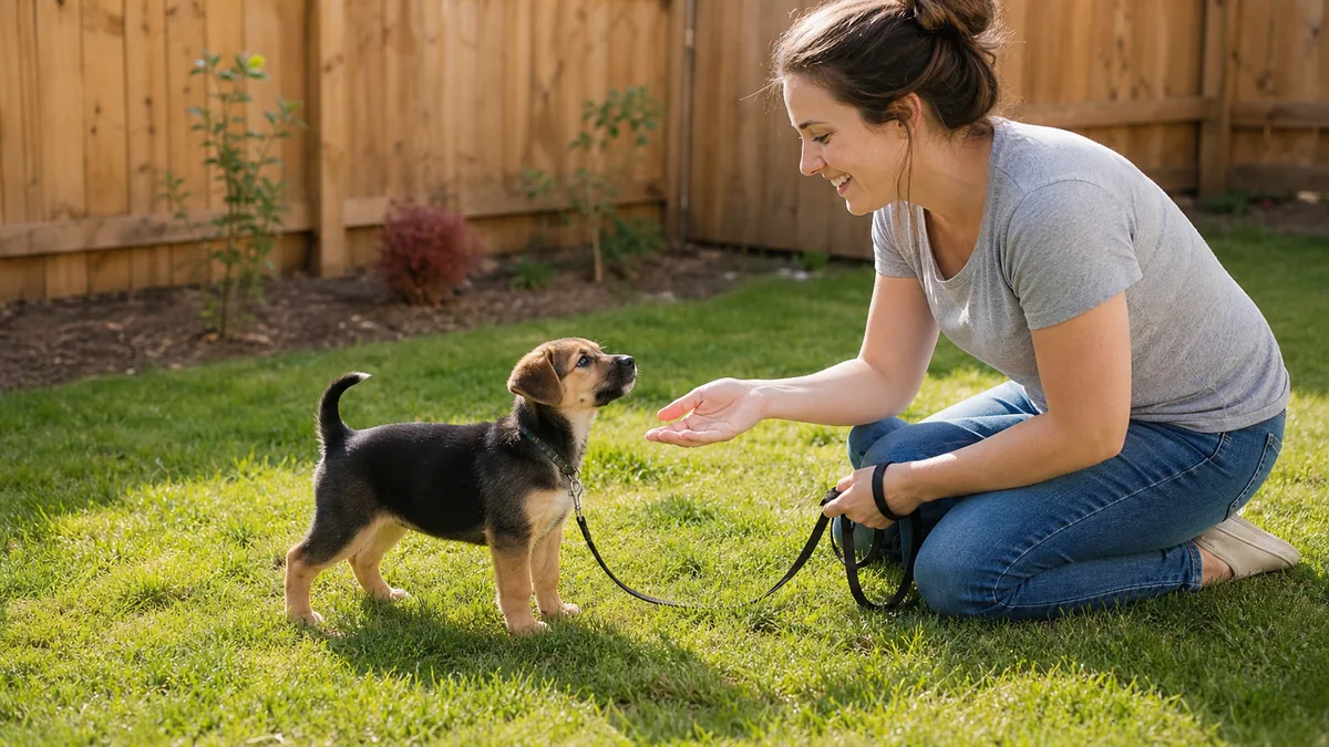 A small puppy standing on a soft grass corner just after finishing a potty, looking up brightly at its owner, who is kneeling at puppy level with a gentle hand reaching out and a calm smile, soft morning daylight