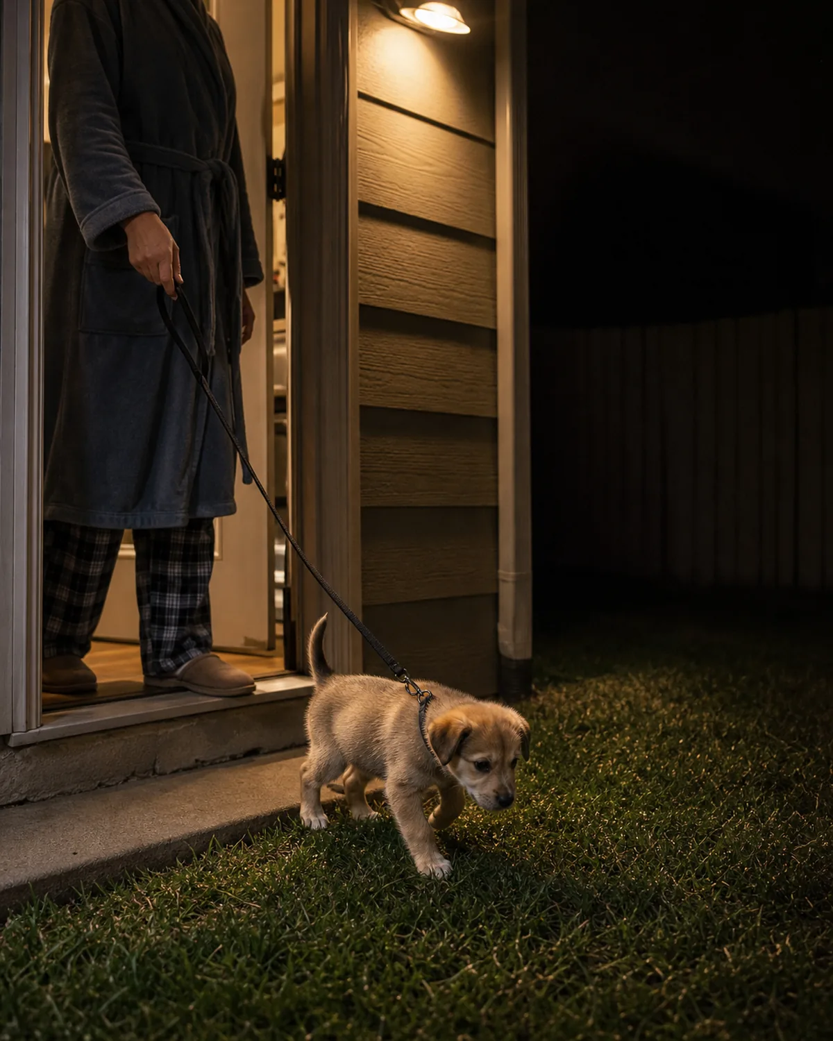 A small puppy stepping calmly onto a small patch of nighttime grass just outside a back door, soft yellow porch light overhead, owner standing quietly in pajamas a step away holding a loose leash, calm low-stimulation mood