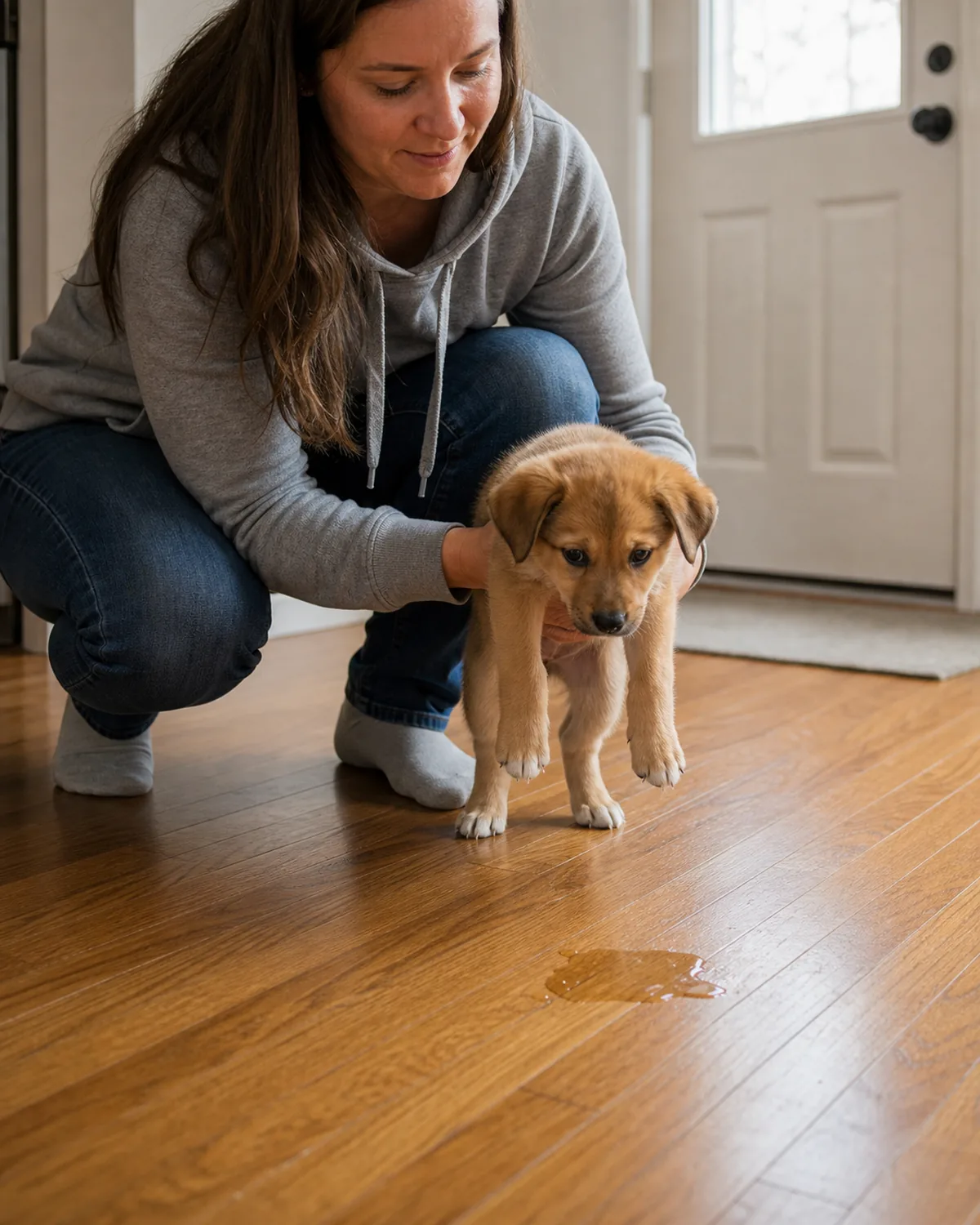 An owner crouched at puppy level near a hardwood floor where a tiny small puddle has just happened, gently scooping the small puppy up under the belly to head outside, calm even expression on the owner, soft daylight