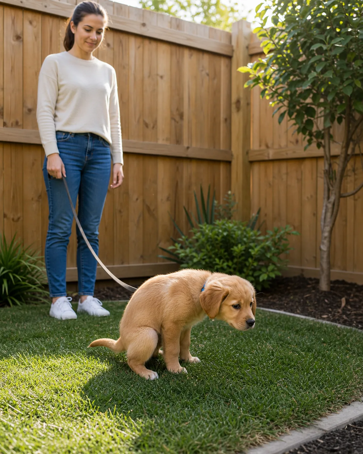 A small puppy on a loose leash in a clearly marked single grass corner of a backyard, in a natural relaxed potty squat, an owner standing patiently a step away holding the loose leash, soft daylight, the same grass corner clearly the chosen spot