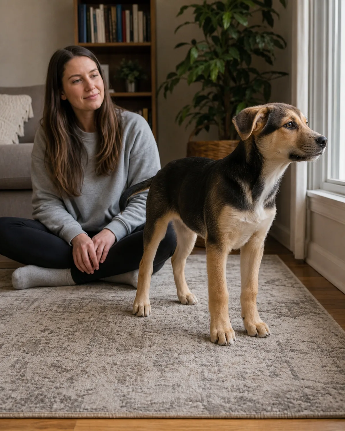 A slightly bigger small puppy around 4 months standing on a living room rug looking a bit distracted out a window, the owner sitting nearby on the floor calmly waiting, soft daylight โ the 4-month plateau