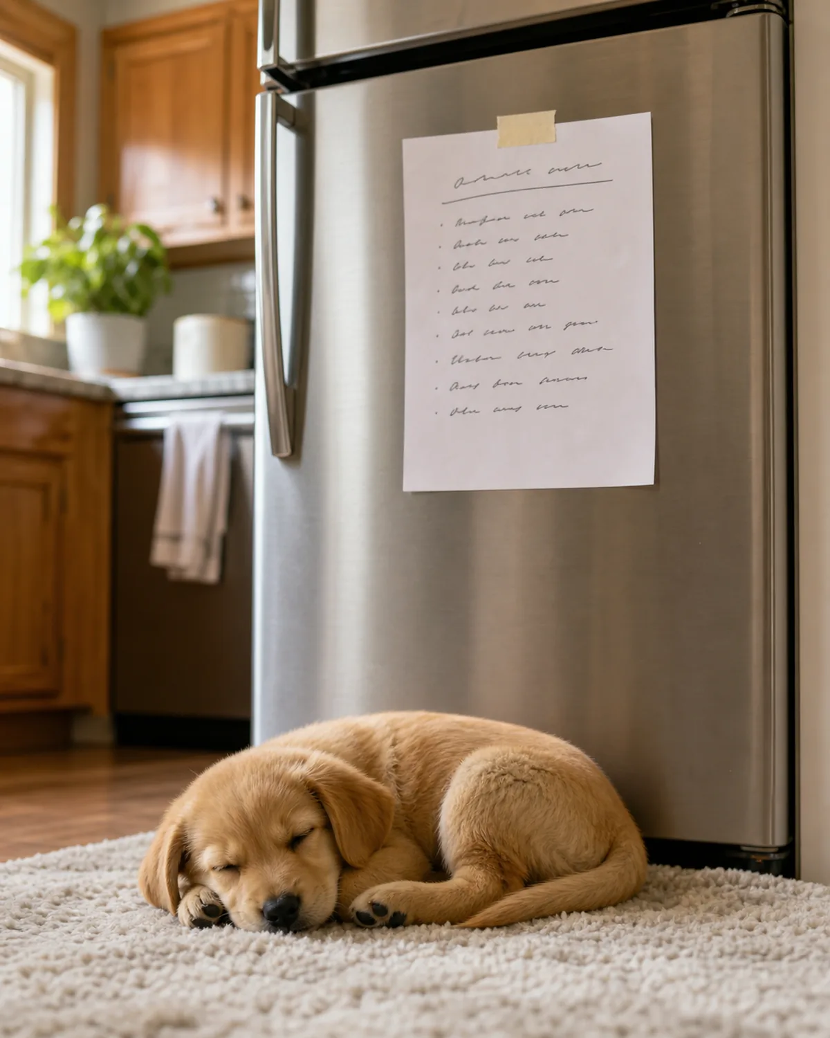 A simple handwritten schedule on a plain sheet of paper taped to a clean kitchen fridge door, warm daylight; in the foreground a small puppy is snoozing peacefully curled up on a soft rug