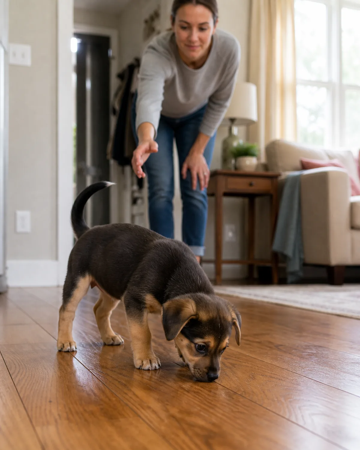 A small puppy sniffing the floor in tight little circles on a hardwood living-room floor, body language alert and a bit restless, an owner in the background already standing up and reaching for the puppy to head outside โ a pre-potty signal moment