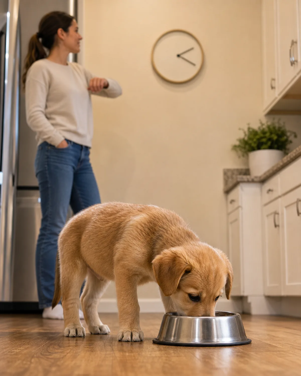 A small puppy contentedly eating from a plain stainless bowl on a kitchen floor while, slightly out of focus, an owner stands nearby glancing softly at a plain wall clock โ after meals is a guaranteed potty time