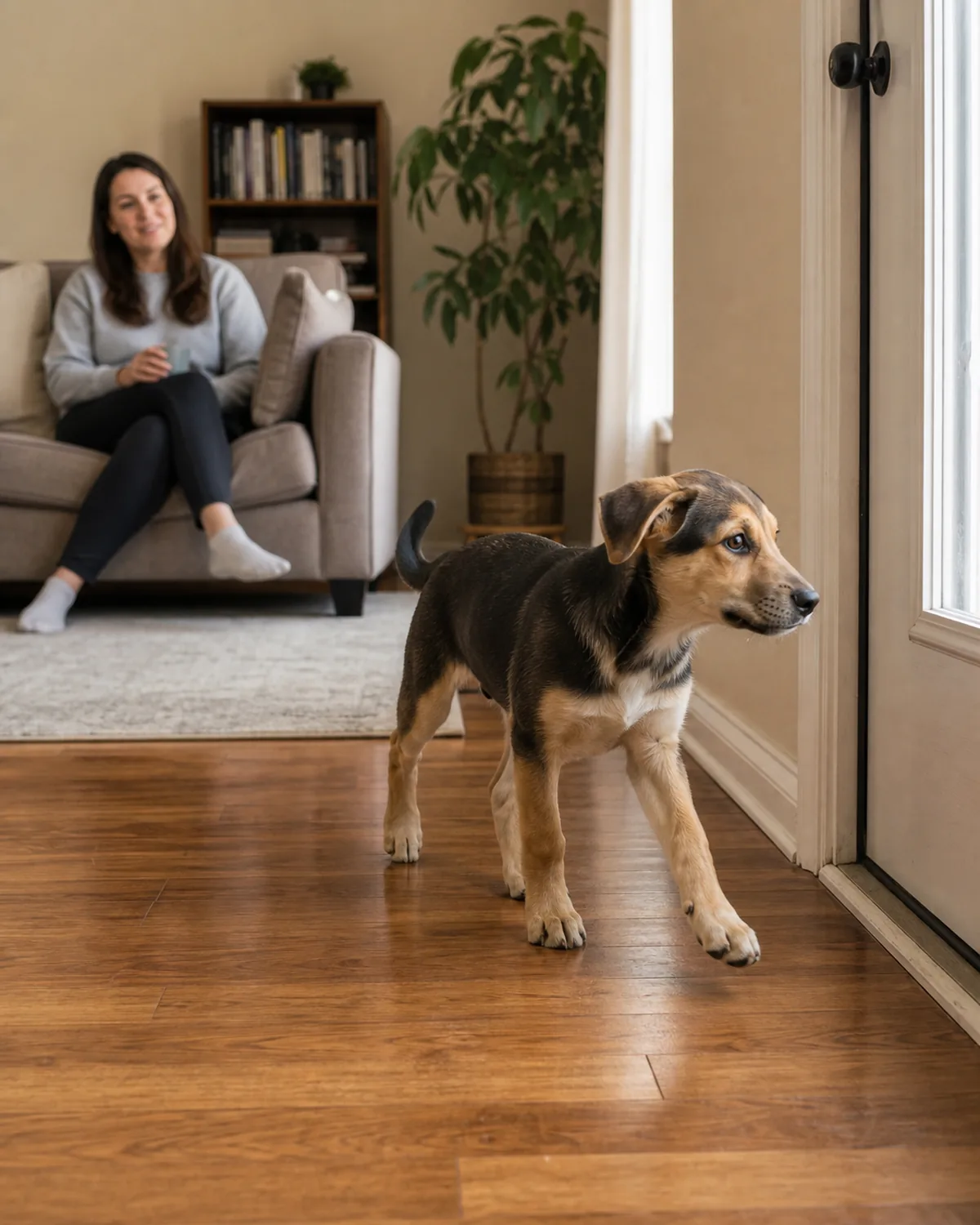 A confident, slightly older small puppy walking on its own toward a back door visible at the edge of the frame, an owner watching softly from a couch in the background with a relaxed smile, soft warm daylight, the long-term outcome
