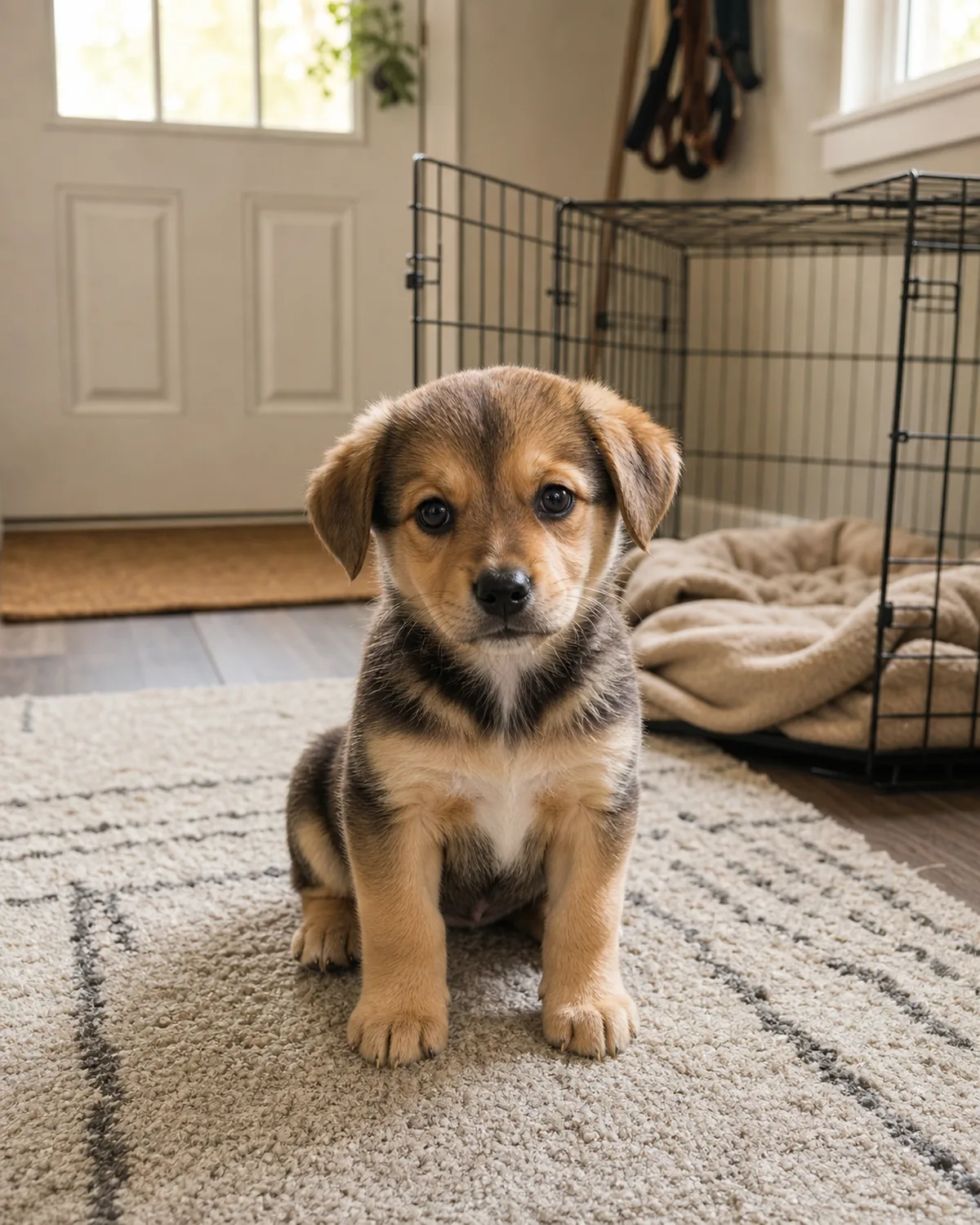 A very young small puppy around 8 weeks sitting on a soft area rug in a bright entryway with a folded blanket and an open crate door visible in the background, soft daylight from a window, calm curious expression โ the day potty training begins