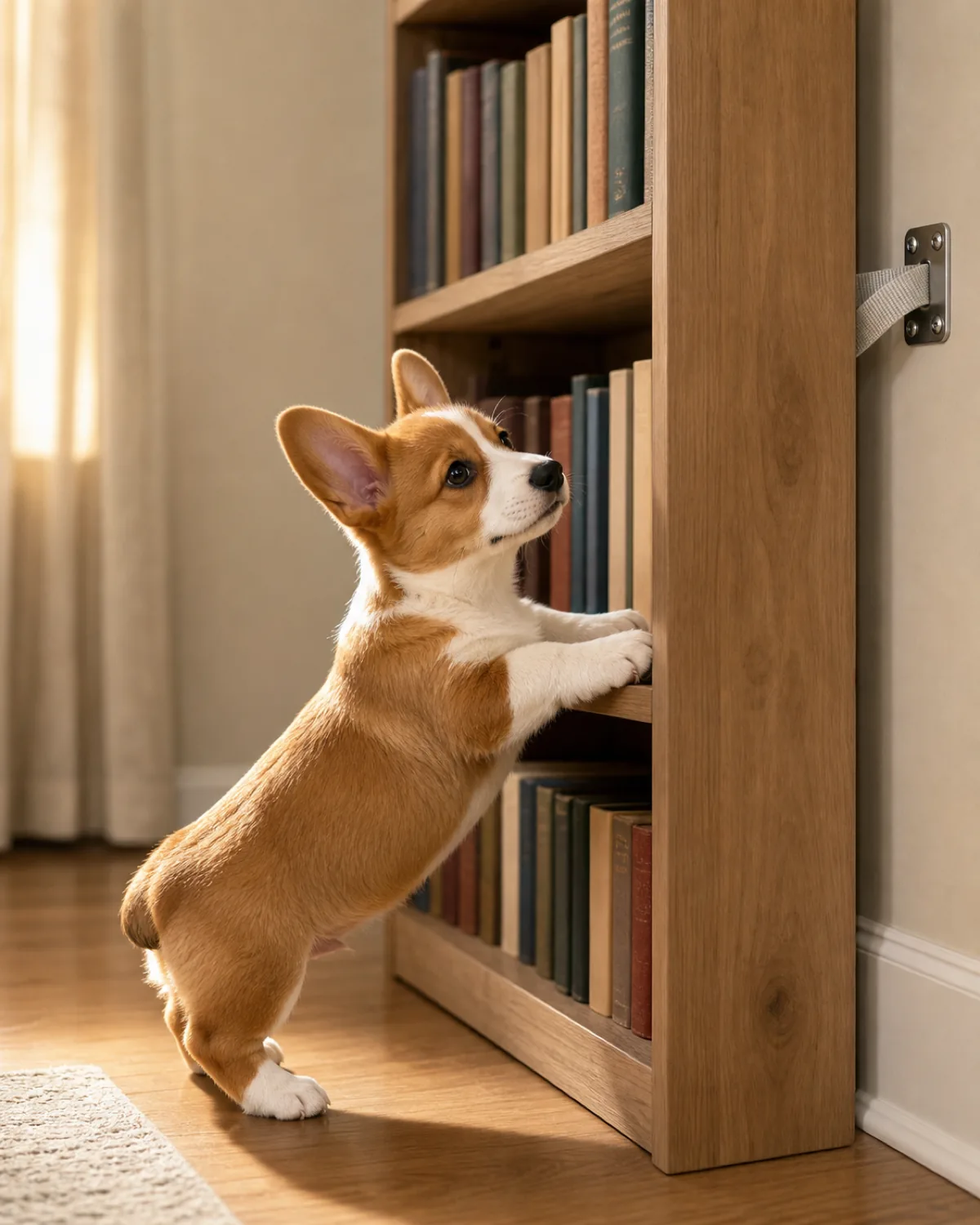 A small short-leg long-low-body red-and-white smooth-coated oversized-erect-eared foxy-face corgi-shape puppy at about 14 weeks paws-up scrabbling at the lowest shelf of a plain neutral wood bookshelf already secured to the wall by a plain neutral nylon anti-tip strap visible behind it, soft warm late-afternoon daylight
