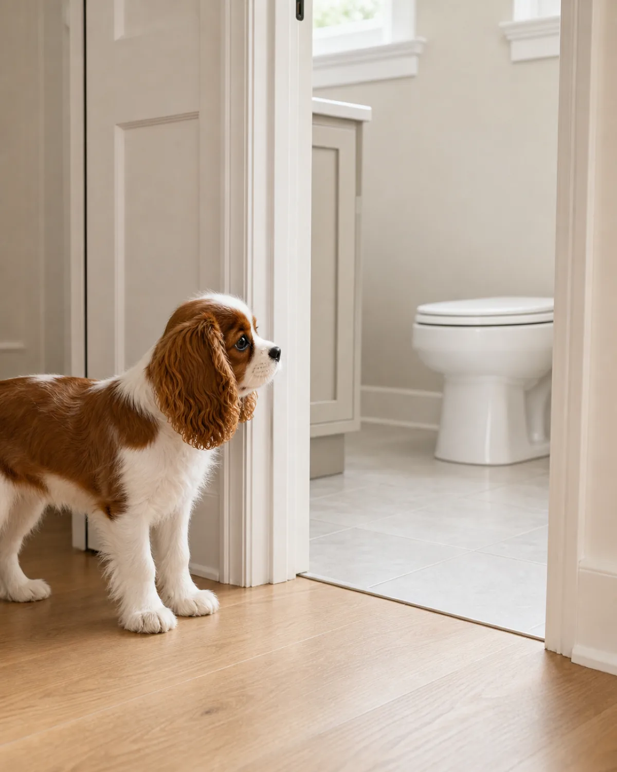 A small chestnut-and-white silky-medium-coated long-feathered drop-eared round-eyed gentle-face cavalier-shape puppy at about 12 weeks standing calmly on hallway hardwood OUTSIDE the open bathroom doorway looking IN at a closed plain white toilet lid in soft cool natural bathroom daylight, the bathroom door slightly ajar in a teaching frame