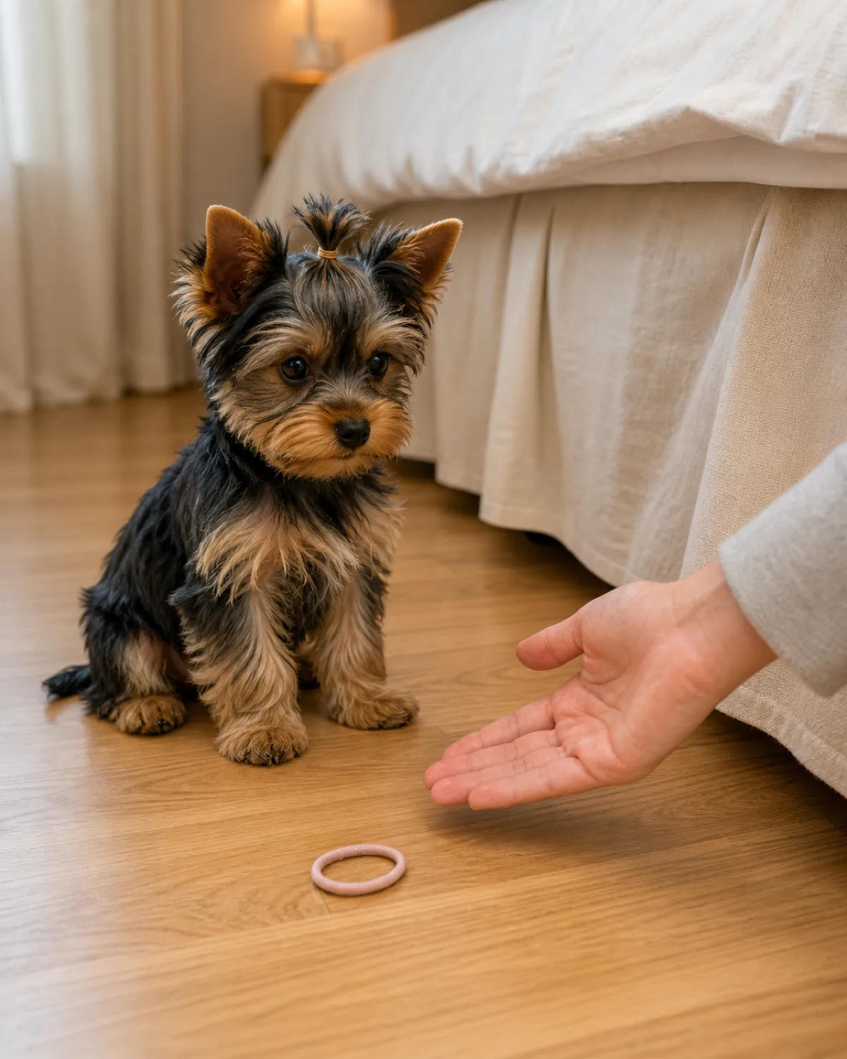 A tiny silky long steel-blue-and-tan small-erect-eared topknot-headed yorkie-shape puppy at about 10 weeks sitting calmly on clean light hardwood beside a plain bed with a soft-cream bedskirt, eyeing a small plain hair tie on the floor while the owner's open hand reaches gently down palm-up in a clear trade-up gesture, soft warm early-evening daylight