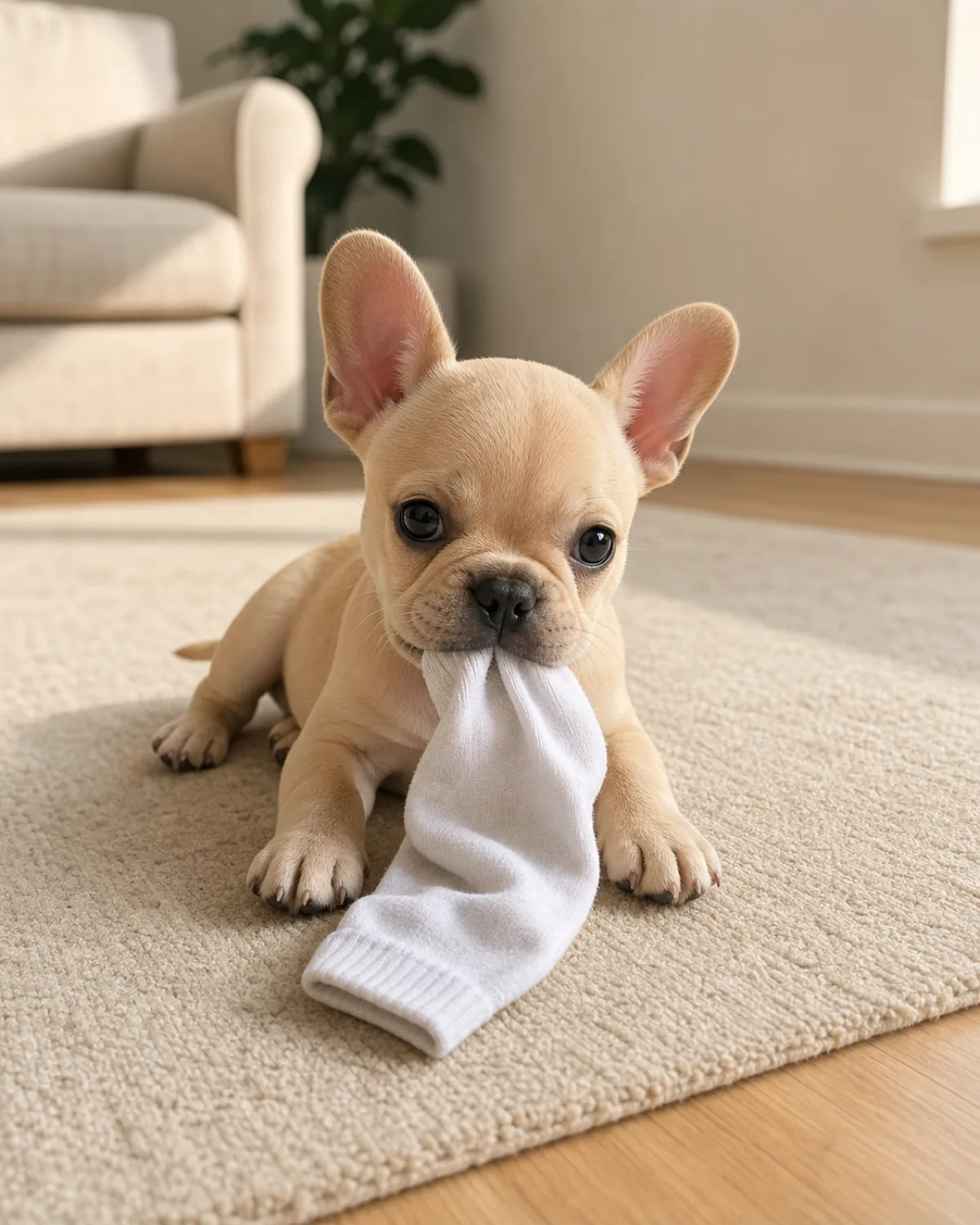 A tiny apple-domed fawn chihuahua-shape puppy at about 8 weeks lying calmly belly-down on a plain soft beige area rug in a soft warm late-morning living room with a clean plain white cotton sock loosely held in the mouth in a calm exploratory pose