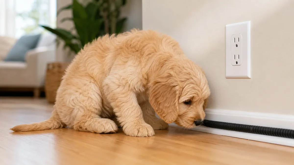 A medium soft shaggy-wavy apricot teddy-bear-face floppy-eared rounded-body doodle-shape puppy at about 8 weeks calmly sniffing a USB-C cable already tucked inside a plain soft-black spiral cable wrap along the baseboard, with a plain white screw-in outlet cover already installed above on a clean light hardwood living-room floor in soft warm late-morning daylight