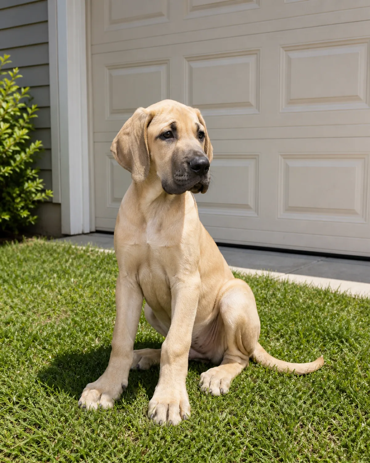 A giant lean fawn smooth-coated long-leg long-neck floppy-thin-eared great-dane-shape puppy at about 16 weeks (clearly puppy proportions with large head and oversized paws) sitting calmly on plain green grass on a residential side yard immediately OUTSIDE the clearly closed garage door in bright midday daylight, no garage items visible