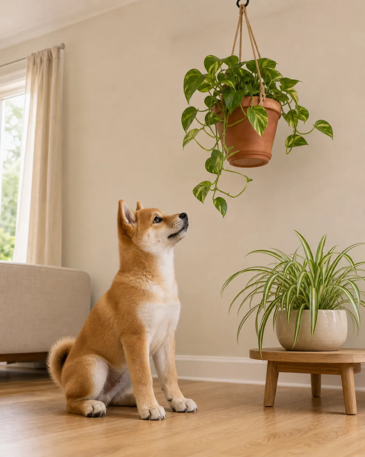 A small fox-like compact orange-red double-coated white-undersided erect-eared curled-tail fox-faced shiba-shape puppy at about 14 weeks sitting calmly on light hardwood looking up at a plain terracotta pot hanging high from a ceiling hook out of reach, with a low plain neutral ceramic pot holding a clearly identifiable spider plant on a low side table at floor level, soft warm late-morning daylight