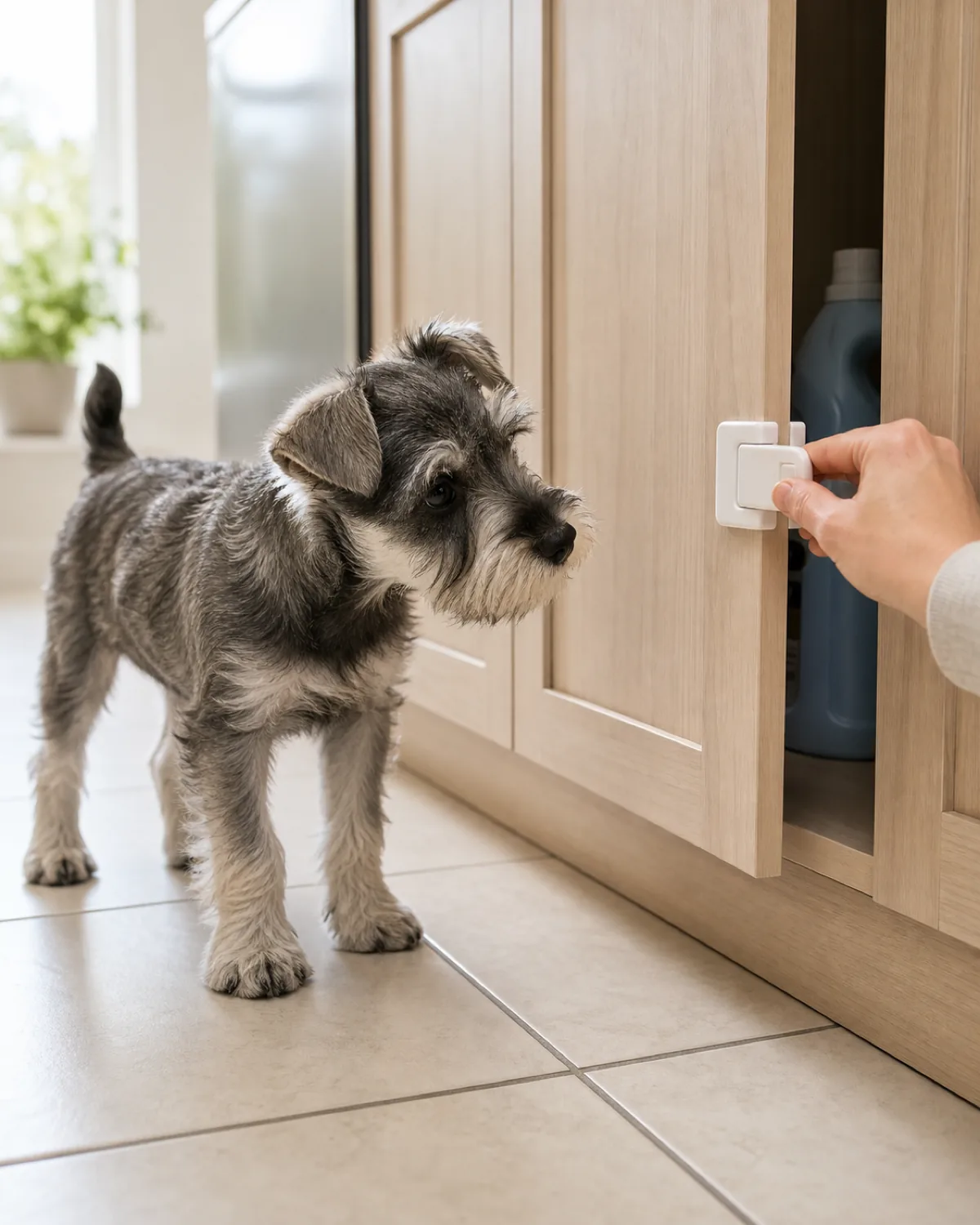 A small wiry salt-and-pepper square-built bushy-eyebrowed-and-bearded semi-erect-eared schnauzer-shape puppy at about 12 weeks sniffing calmly along a plain wood baseboard near a lower kitchen cabinet on porcelain tile, while the owner's hand at the picture edge closes a plain white child-proof cabinet latch with a faint plain detergent bottle visible behind the closing door