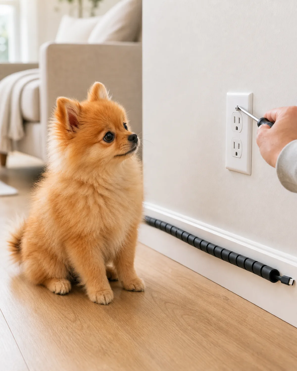 A small fluffy orange profuse-double-coat tiny-erect-ear foxy-face plumed-tail pomeranian-shape puppy at about 10 weeks sitting calmly on a clean light hardwood living-room floor near a wall outlet while the owner's hand at the picture edge installs a plain white screw-in outlet cover above an already-wrapped USB-C cable in a plain soft-black spiral wrap along the baseboard