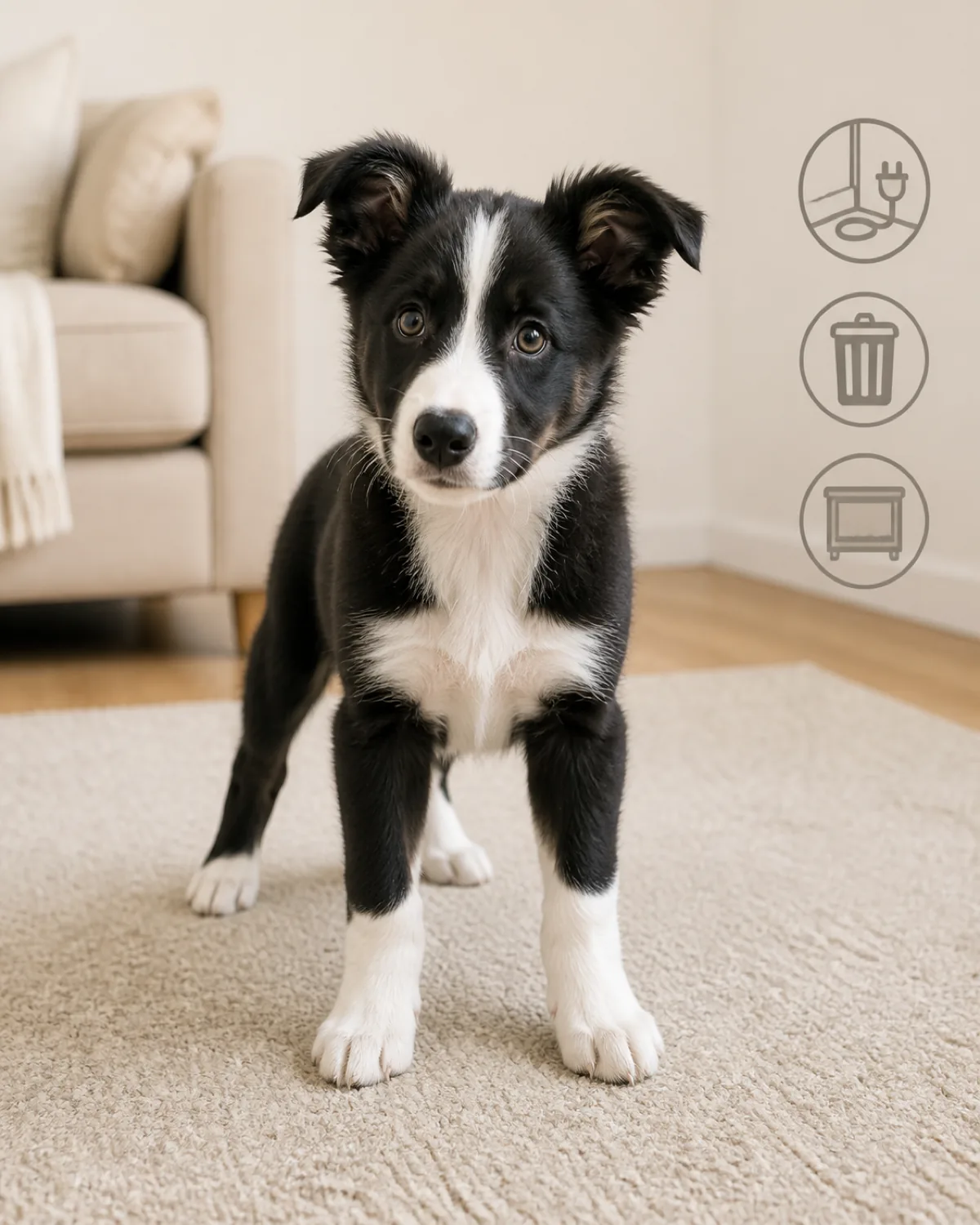 A medium black-and-white tuxedo white-blaze-collar-chest-socks medium-coated semi-erect-eared border-collie-shape puppy at about 10 weeks standing calmly on a plain soft beige rug in a soft warm late-morning living room, with faint icon-style hazard hints visible in the soft-focus background