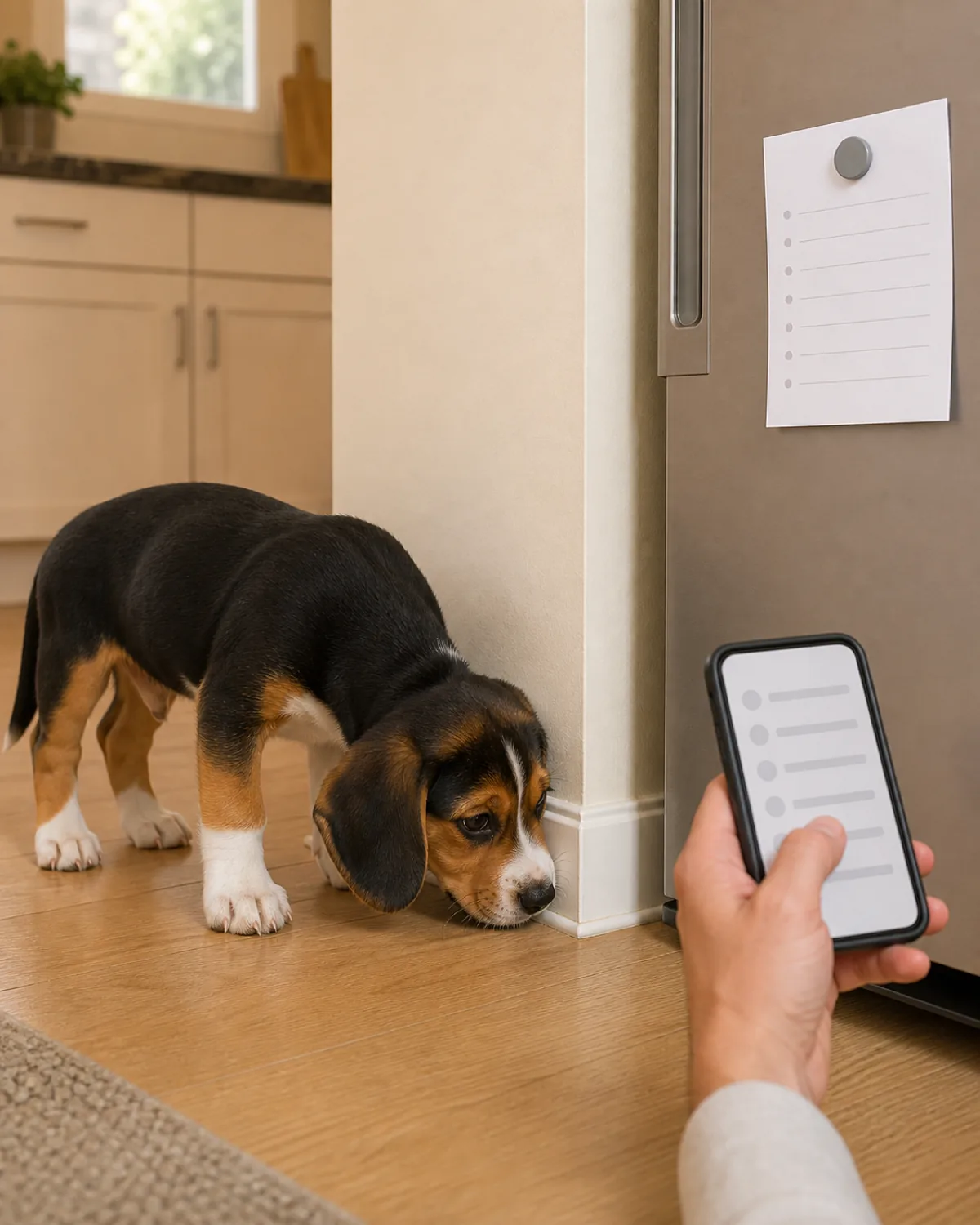 A medium tricolor short-coated long-low-set-floppy-eared sturdy beagle-shape puppy at about 12 weeks sniffing calmly at a baseboard corner near a plain matte neutral fridge front, the owner's hand at the picture edge holding a plain phone showing only a generic note-list silhouette, and a plain unbranded emergency card held to the fridge by a plain neutral magnet, soft warm kitchen-front daylight