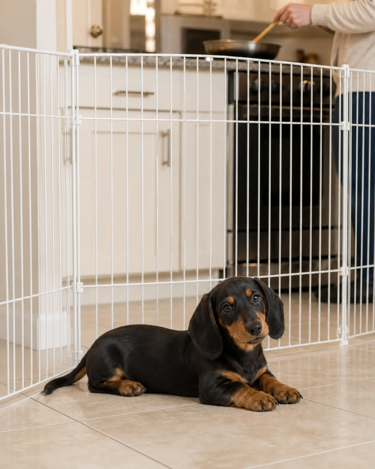 A small smooth black-and-tan very-long-low-bodied very-short-legged long-floppy-eared dachshund-shape puppy at about 12 weeks lying calmly on her belly inside a closed plain matte white wire X-pen on porcelain kitchen-edge tile, with the owner's hand at the picture edge stirring a plain unbranded pan on a soft-focus stovetop nearby, soft warm kitchen-edge daylight