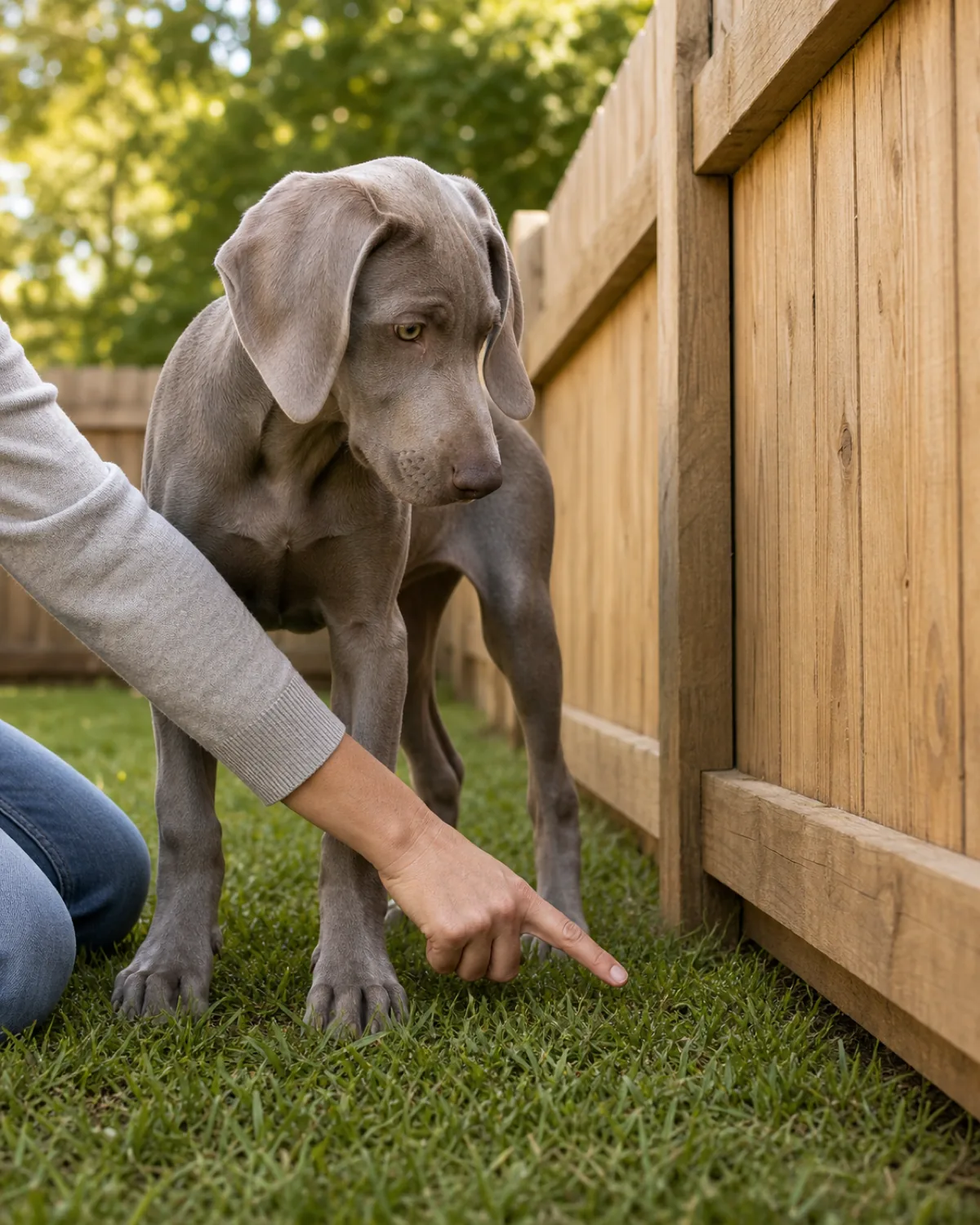 A medium athletic sleek silver-grey short-smooth-coat long-floppy-eared lean weimaraner-shape puppy at about 12 weeks standing calmly on plain green backyard grass while the owner kneels and points one open hand at the tight bottom gap of a 4 ft plain natural wood fence, soft warm late-afternoon daylight with a soft-focus tree line
