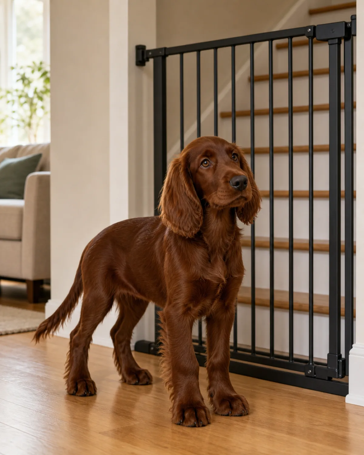 A medium athletic lean deep-mahogany-red long-silky-feathered-coated long-floppy-eared long-muzzled setter-shape puppy at about 14 weeks standing calmly inside a defined living-room yes-zone beside a plain matte black metal baby gate (clearly 30+ inches tall) closed across an opening with a faintly visible staircase ascending in the soft-focus background