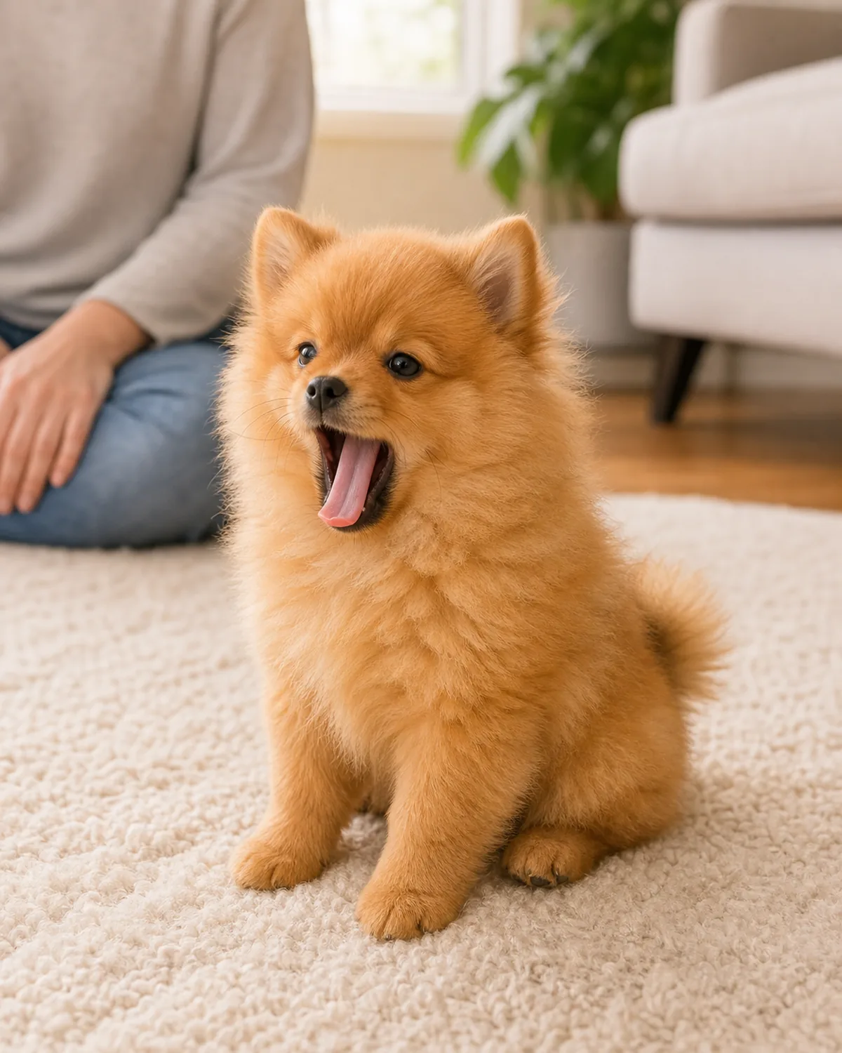 A tiny fluffy bright-orange double-coat puppy with small erect ears and a foxy face sitting on a soft cream rug indoors in a clear gentle yawn, the textbook lip-lick-yawn body-language signal, owner sitting back a step pausing