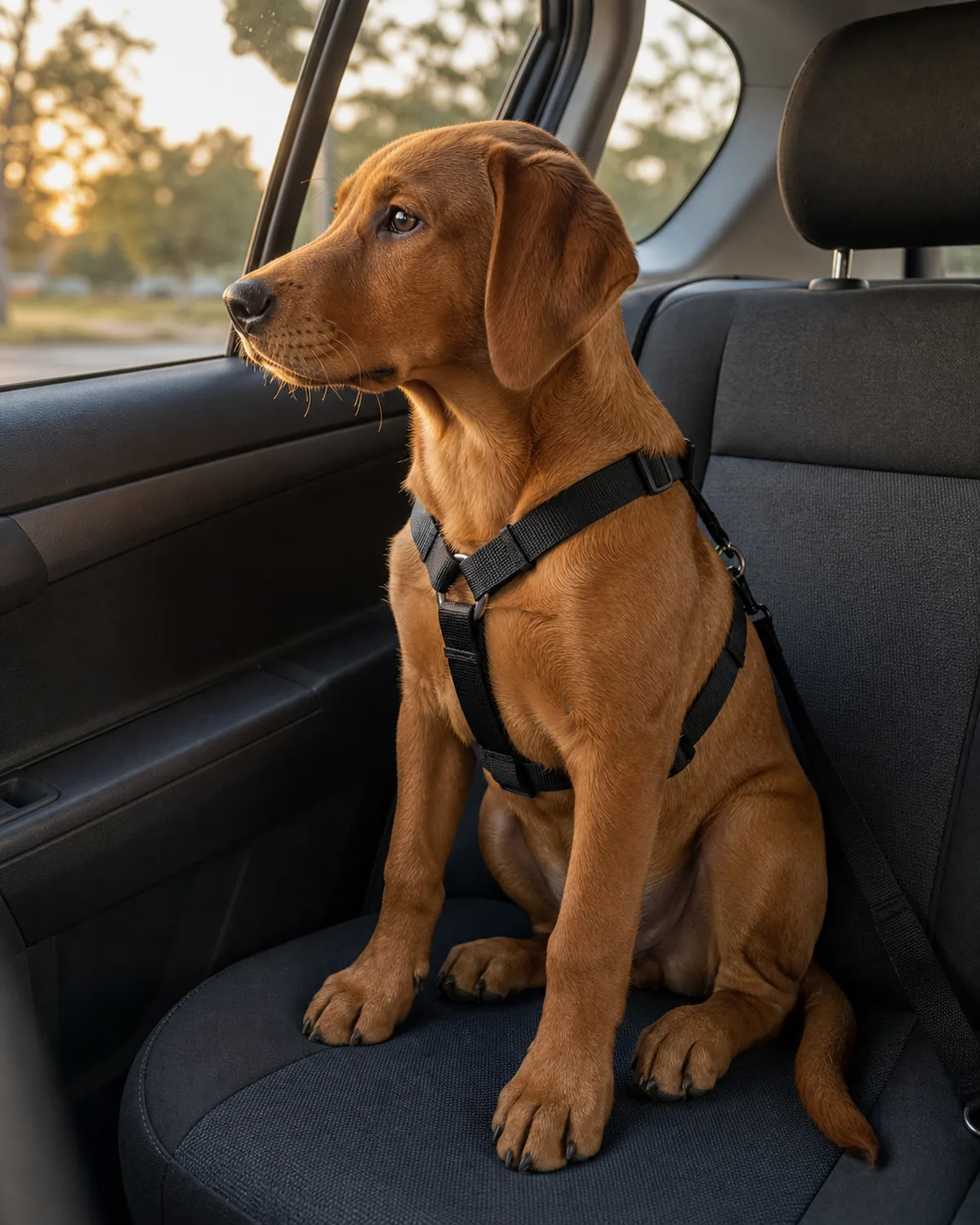 A medium rusty-golden-cinnamon short-coated puppy with floppy ears sitting calmly buckled in a plain back seat with a generic safety harness, looking softly out the side window toward golden-hour evening light