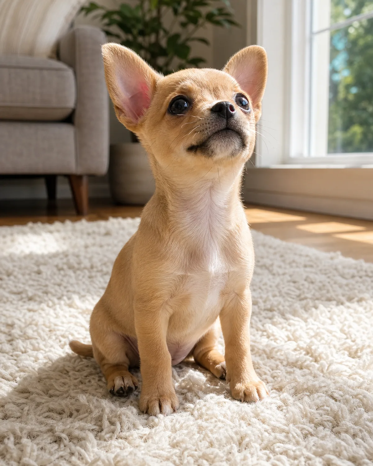 A tiny young apple-domed fawn-coated puppy with oversized erect ears and bright round eyes sitting on a cream rug in a sunny living room, looking upward with wide curious gaze, the open imprint-window moment