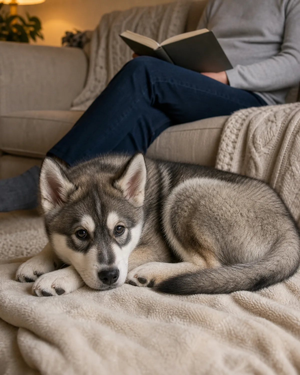 A medium grey-and-white double-coated puppy with a symmetric darker facial mask and erect triangular ears resting curled up with chin on paws on a soft blanket in a calm dim corner of a cozy living room, owner reading quietly on a couch nearby
