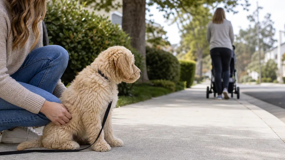 A medium shaggy wavy-coated apricot-cream puppy with floppy ears sitting calmly at the owner's feet on a quiet residential sidewalk, watching with curious-but-relaxed interest as a stranger pushes a stroller past at a comfortable distance, owner crouched at puppy level in soft morning daylight